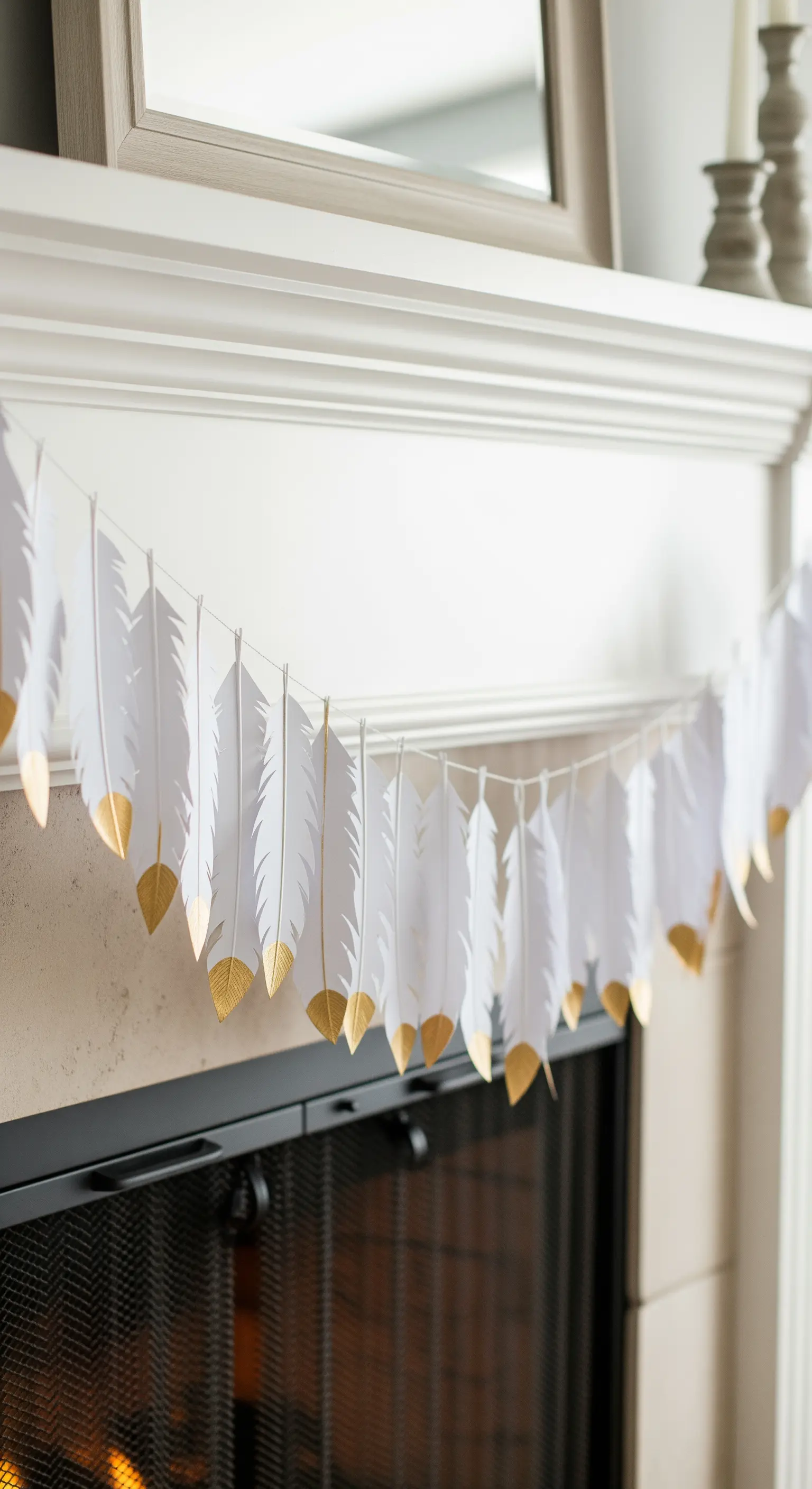 Eine Girlande aus weißen Papierfedern mit goldenen Spitzen an einem Kaminsims.