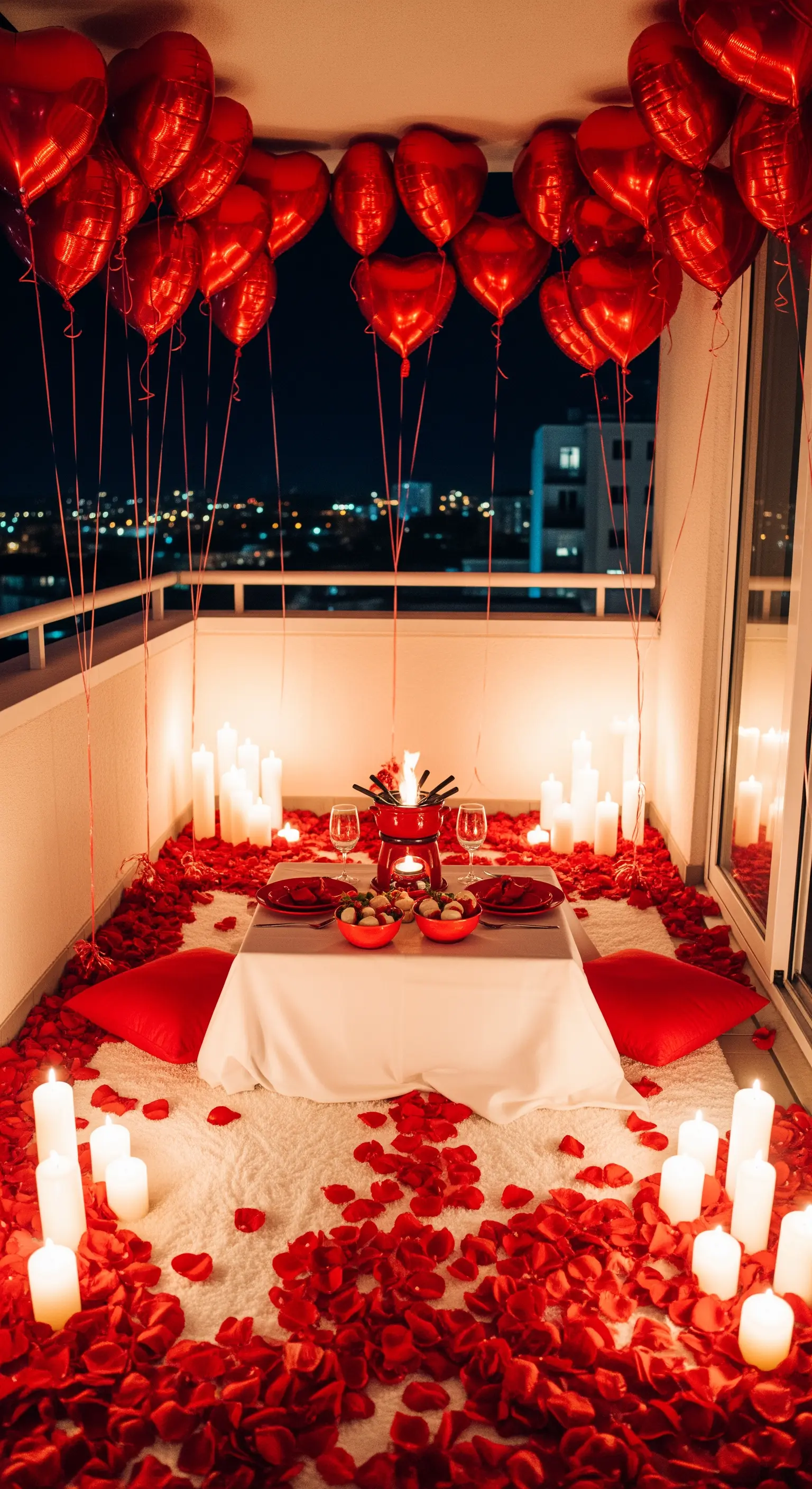 Roter Balkon mit Herzballons, Rosenblättern, vielen Kerzen und einem Fondue-Set.