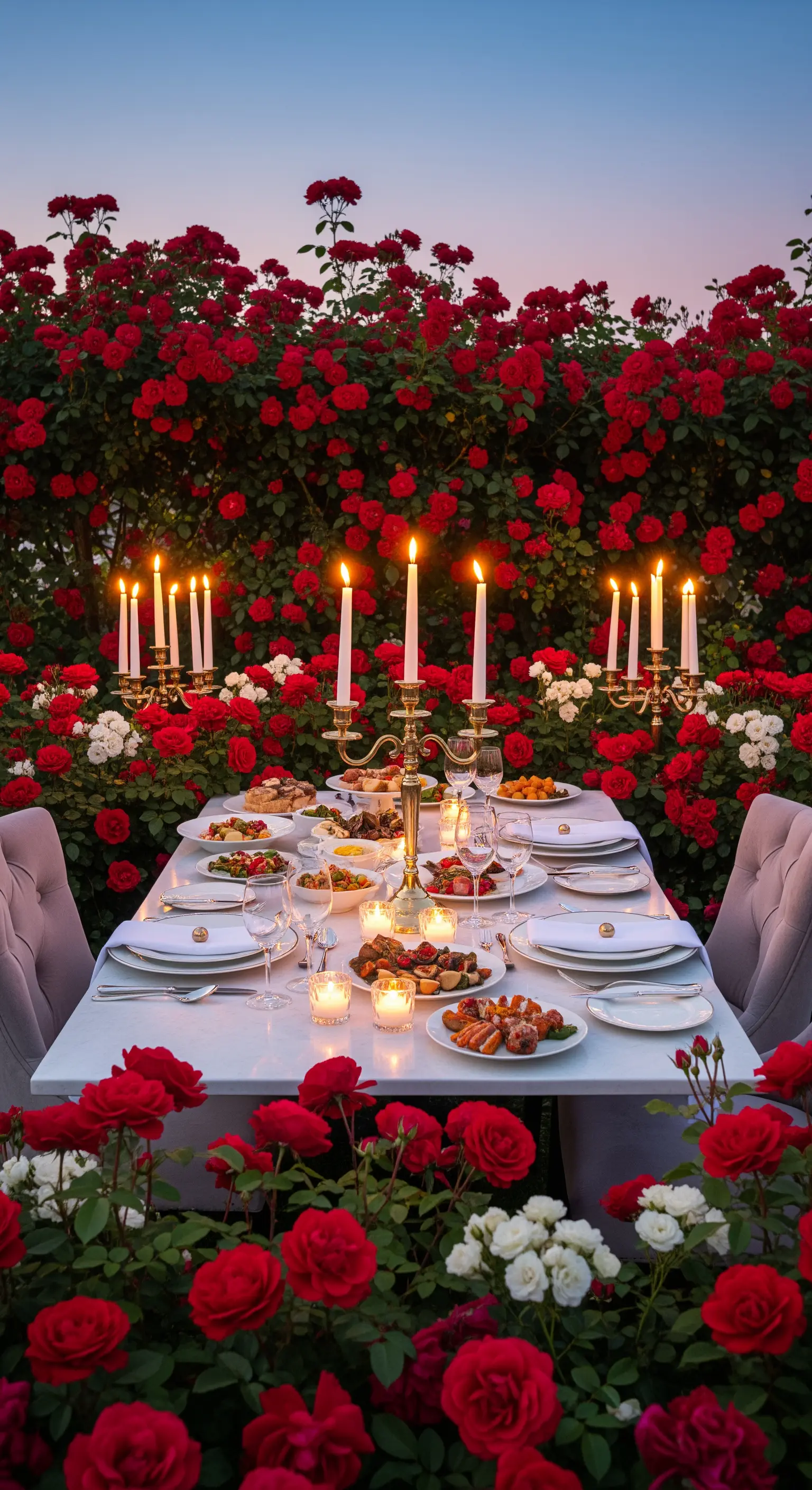 Lange Tafel mit roten Rosen, Kerzenleuchtern und Votivkerzen vor einer Rosenwand.