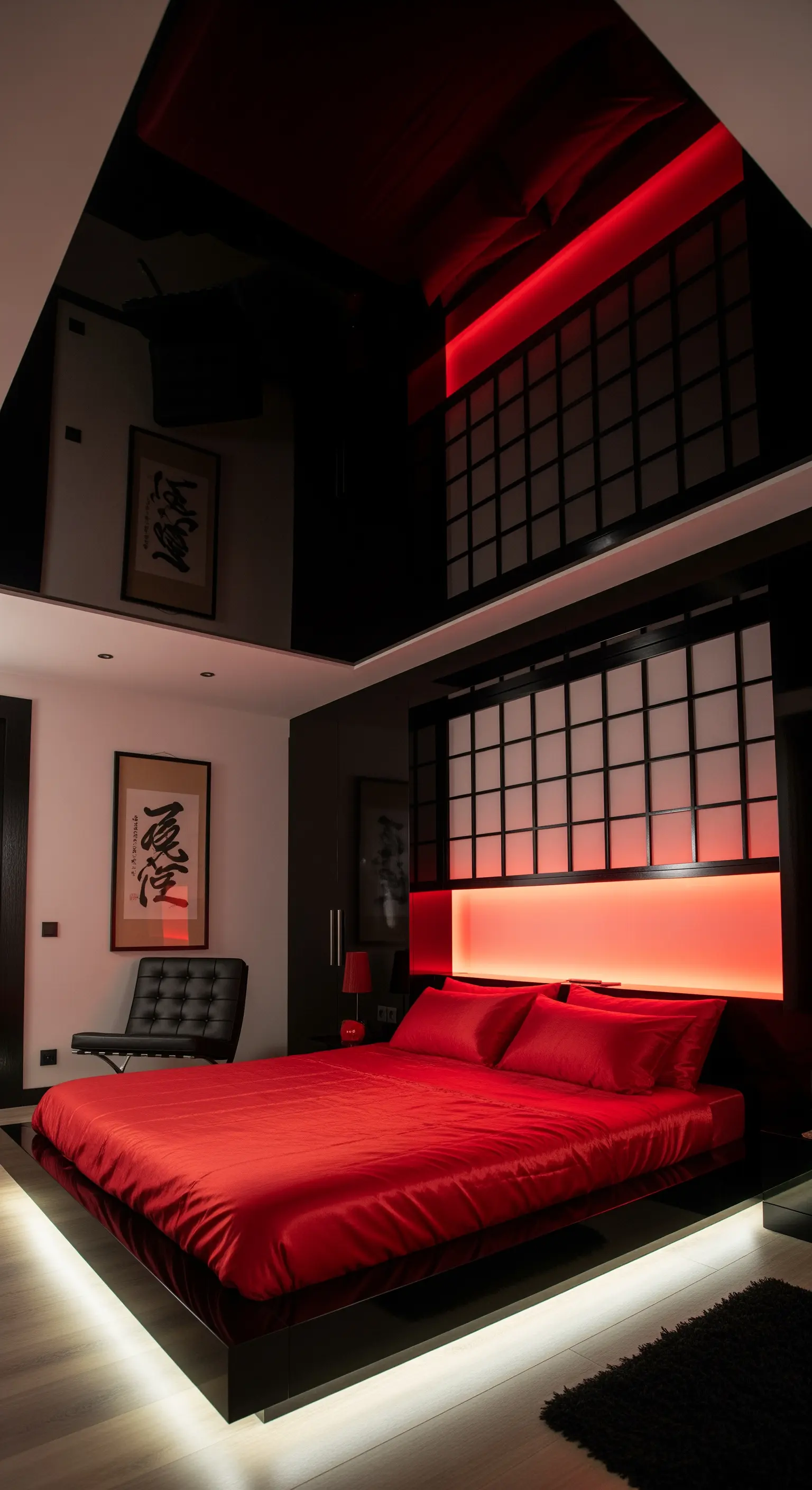 Modernes asiatisches Schlafzimmer mit rotem Satinbett, schwarzer Hochglanzdecke und rotem Licht.