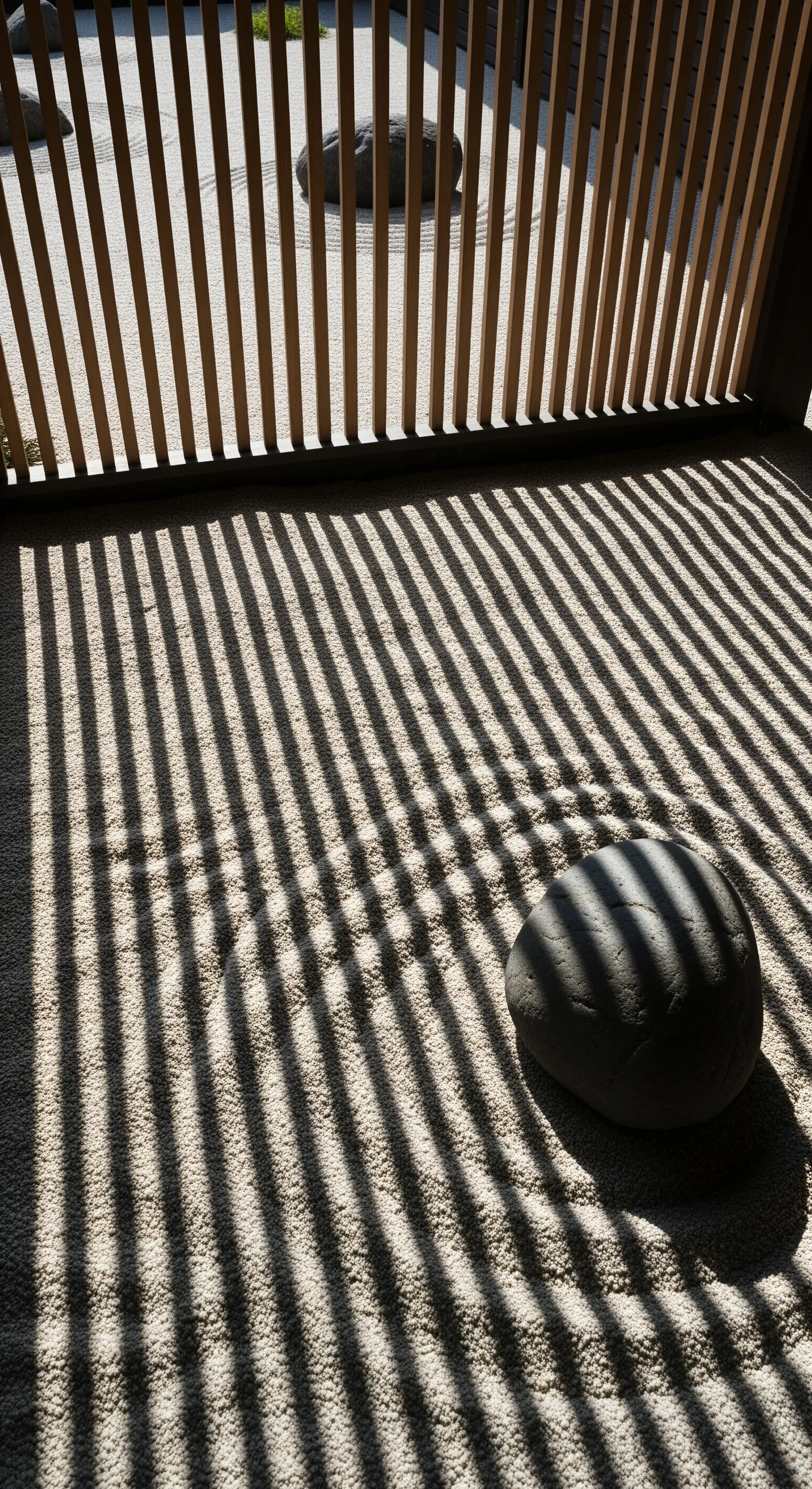 Stein in einem Sandgarten mit starken, linearen Schatten.
