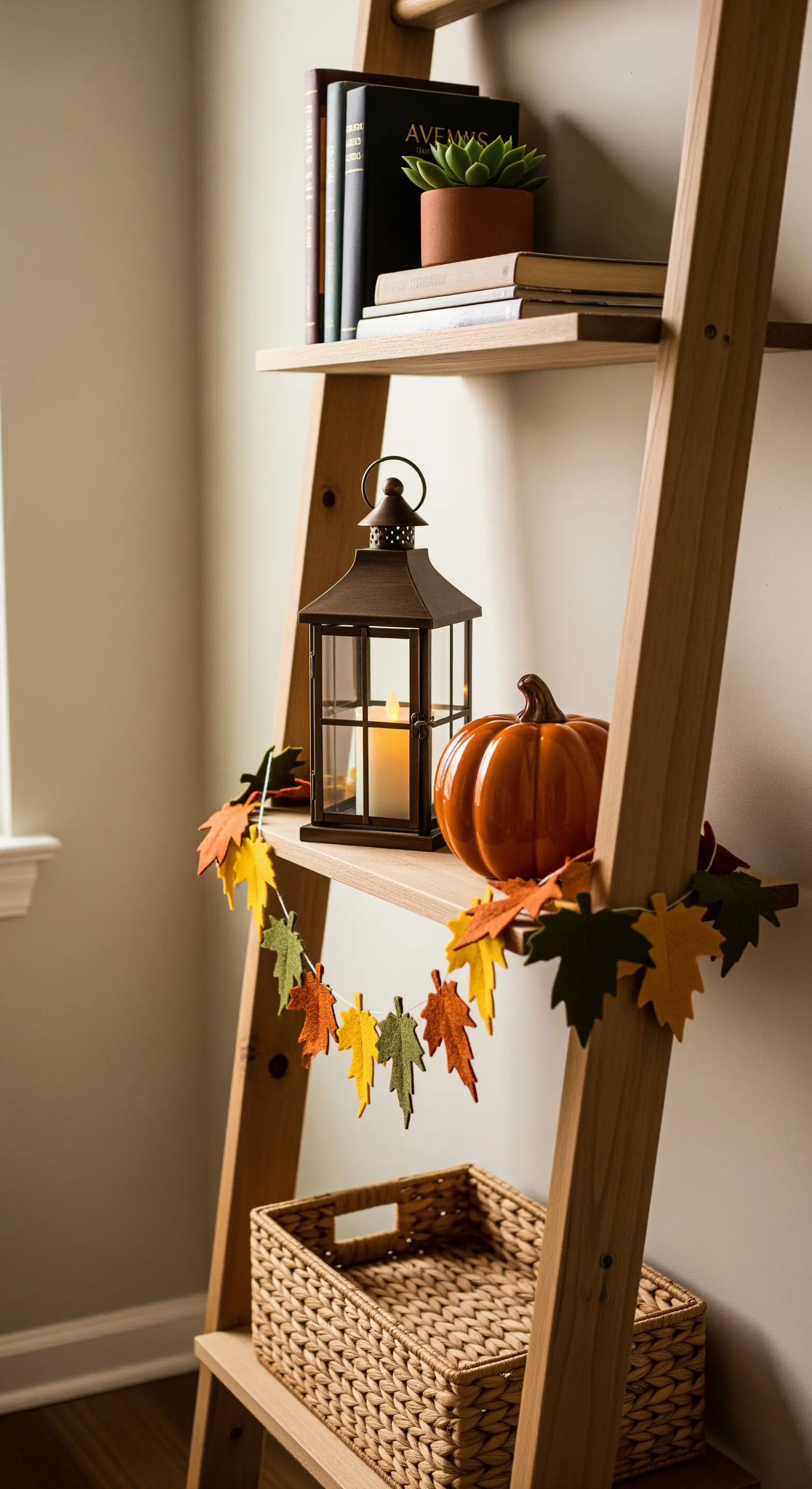 Leiterregal mit Laterne, Kürbis, Herbstblattgirlande, Korb.