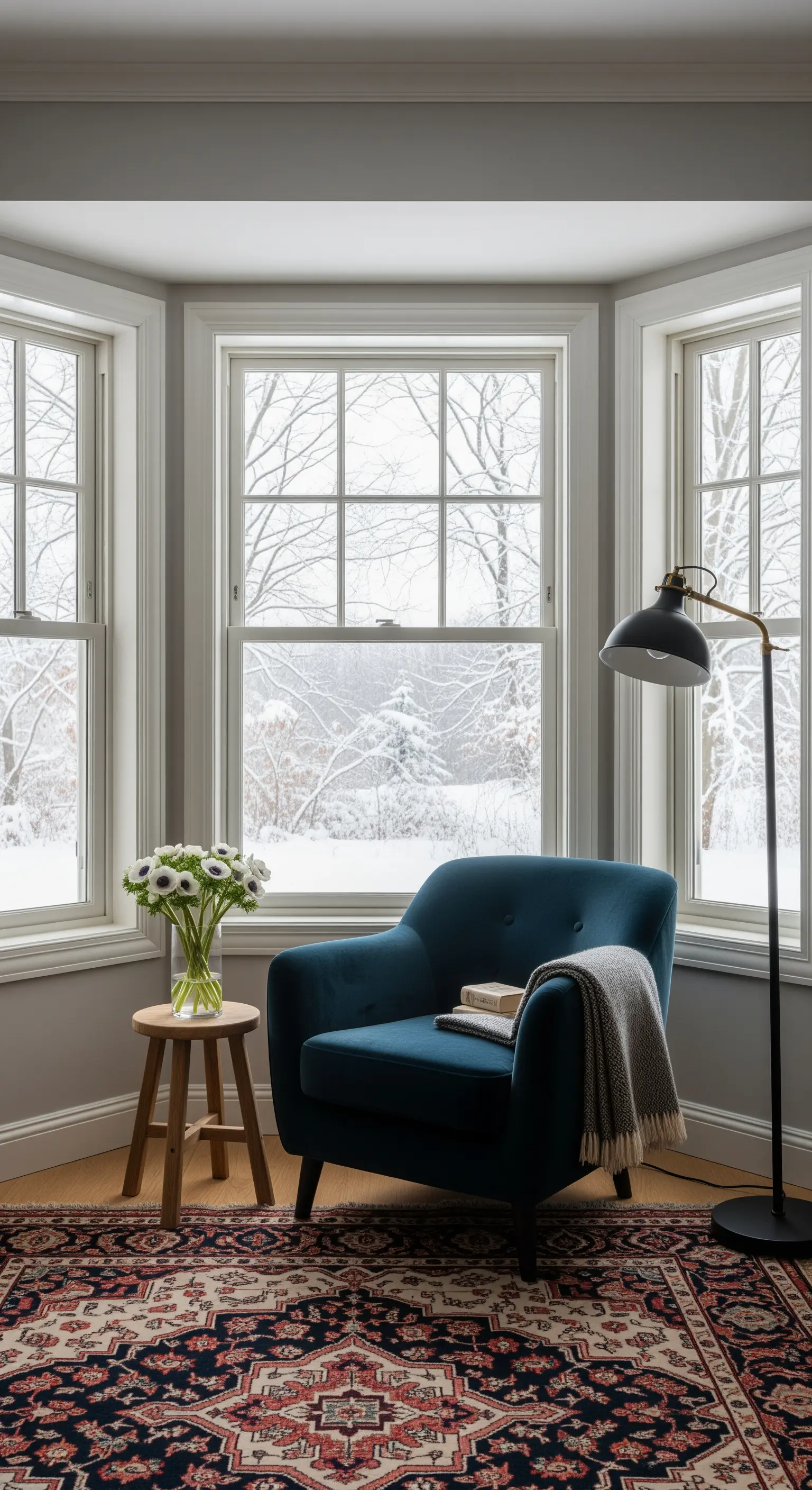 Gemütliche Lese-Ecke mit blauem Sessel, Holzhocker, Stehlampe und Fensterblick.
