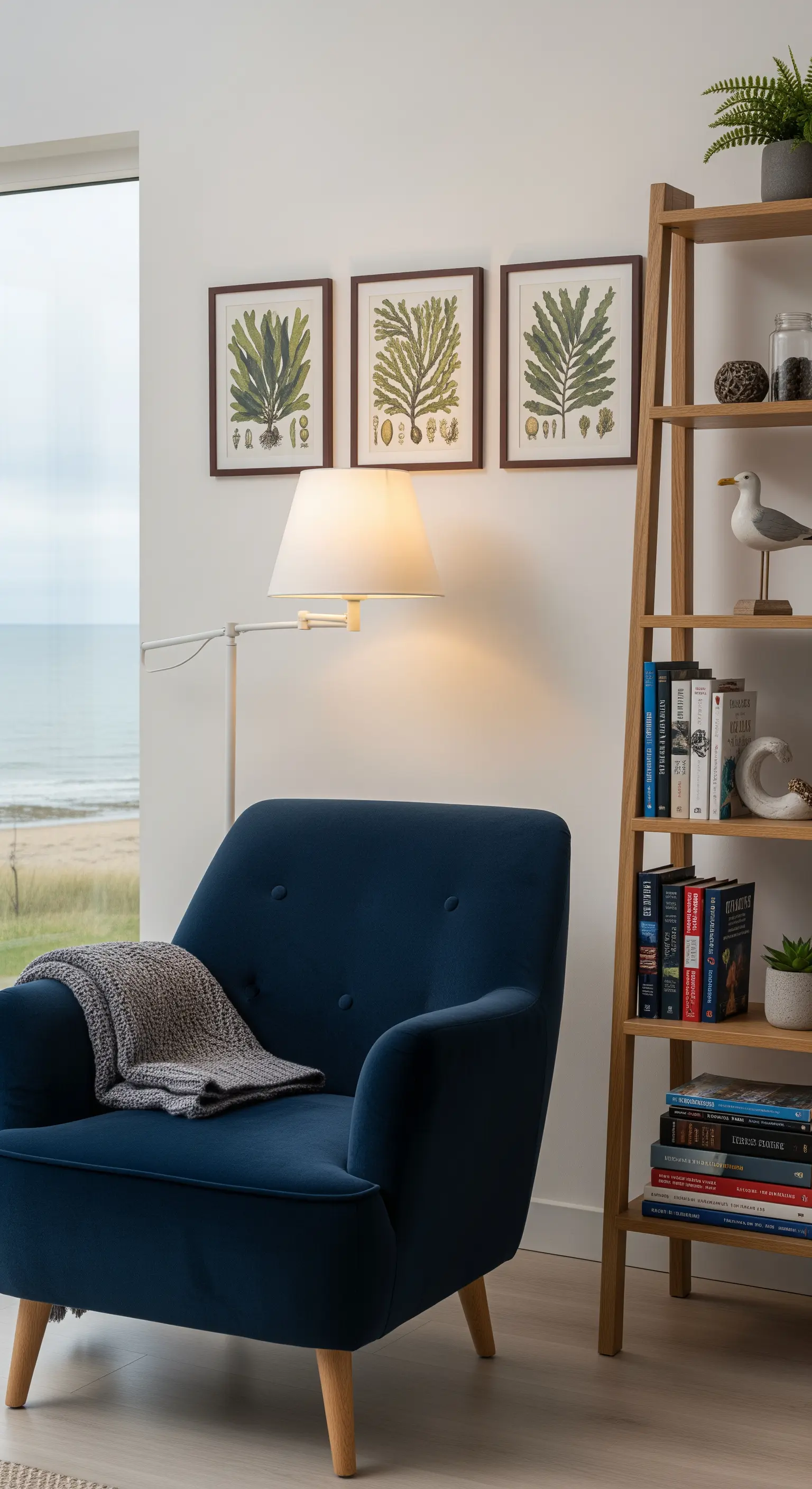 Marineblauer Sessel, Algen-Drucke, Lese-Ecke