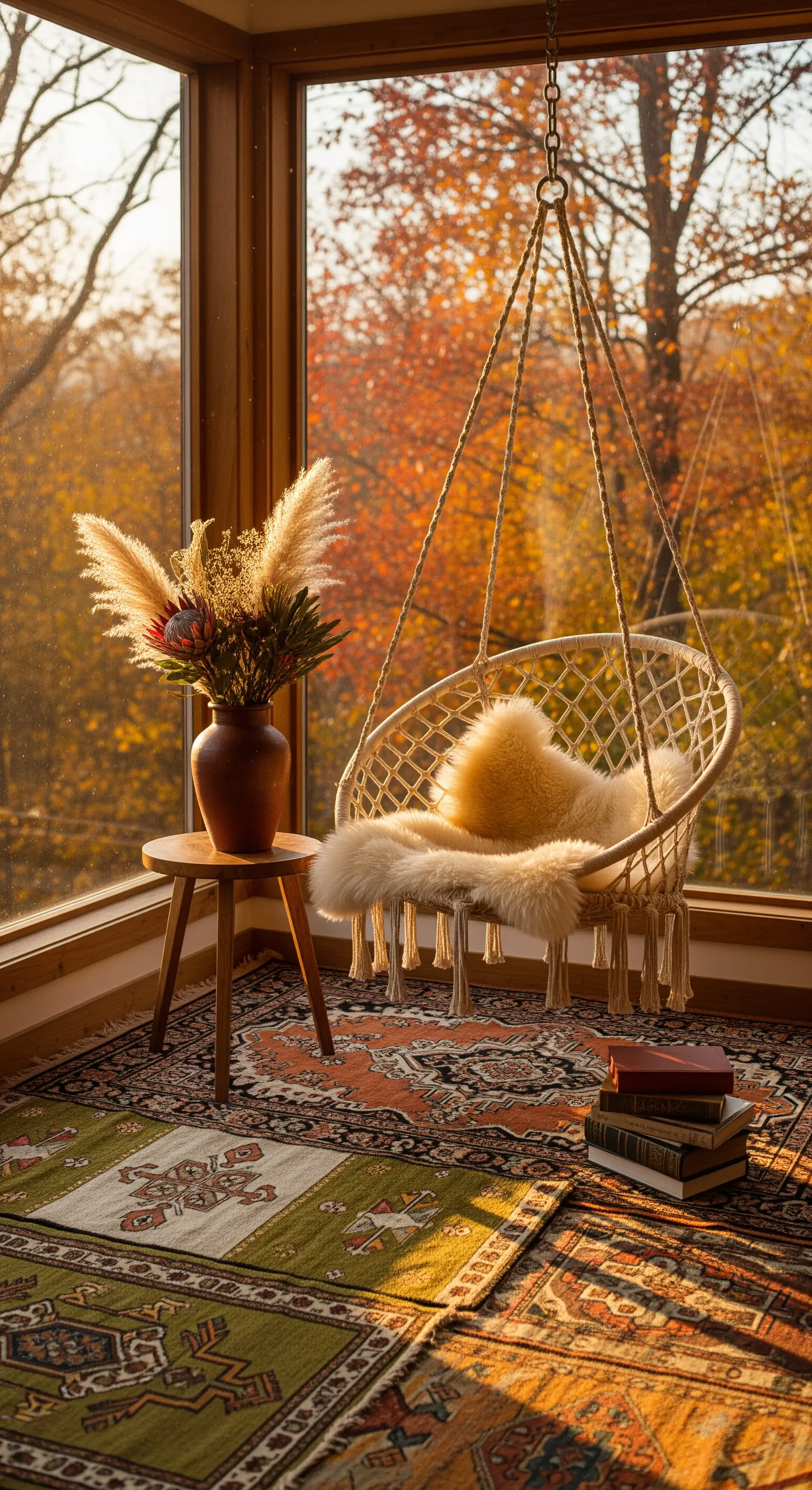 Herbstliche Leseecke, Hängesessel, Pampasgras, warme Farben
