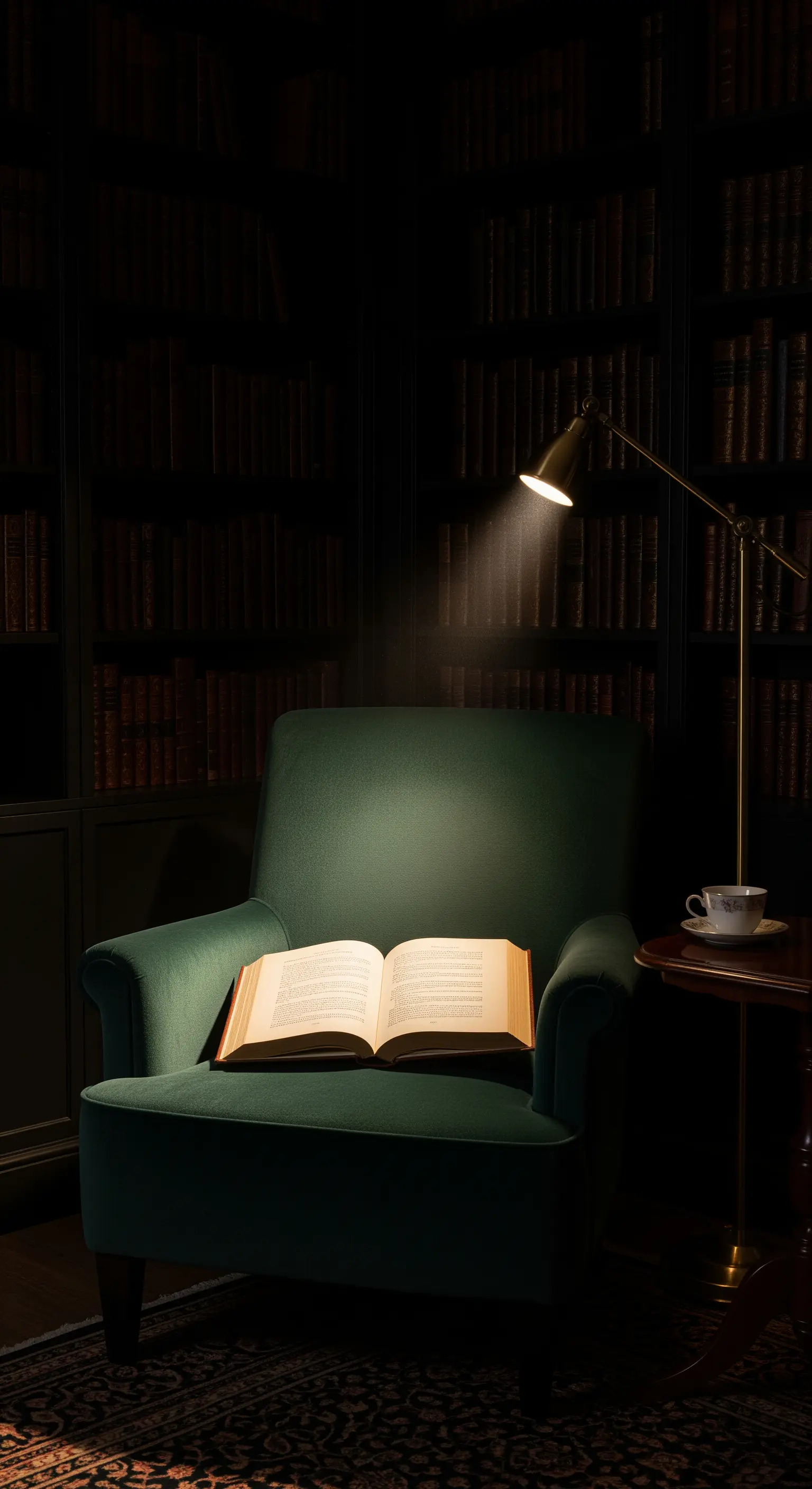 Grüner Lesesessel mit klassischer Stehlampe, die ein offenes Buch beleuchtet, dunkles Bücherregal im Hintergrund