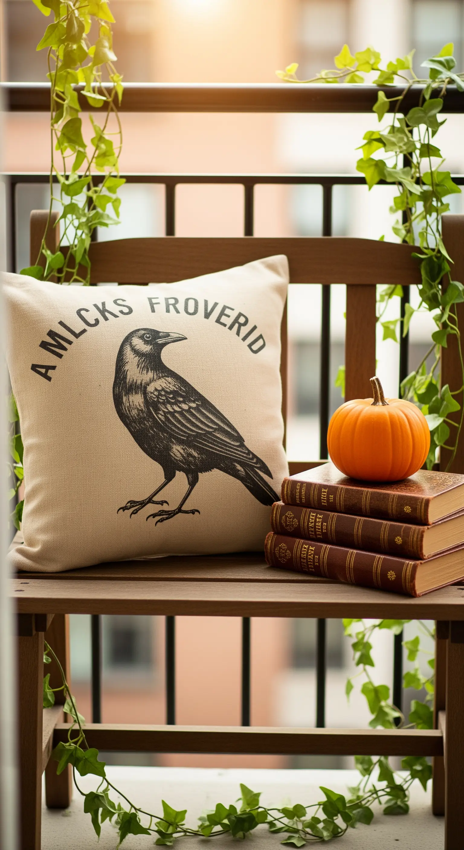 Holzbank mit Raben-Kissen, Bücherstapel, Kürbis und Efeuranken auf dem Balkon