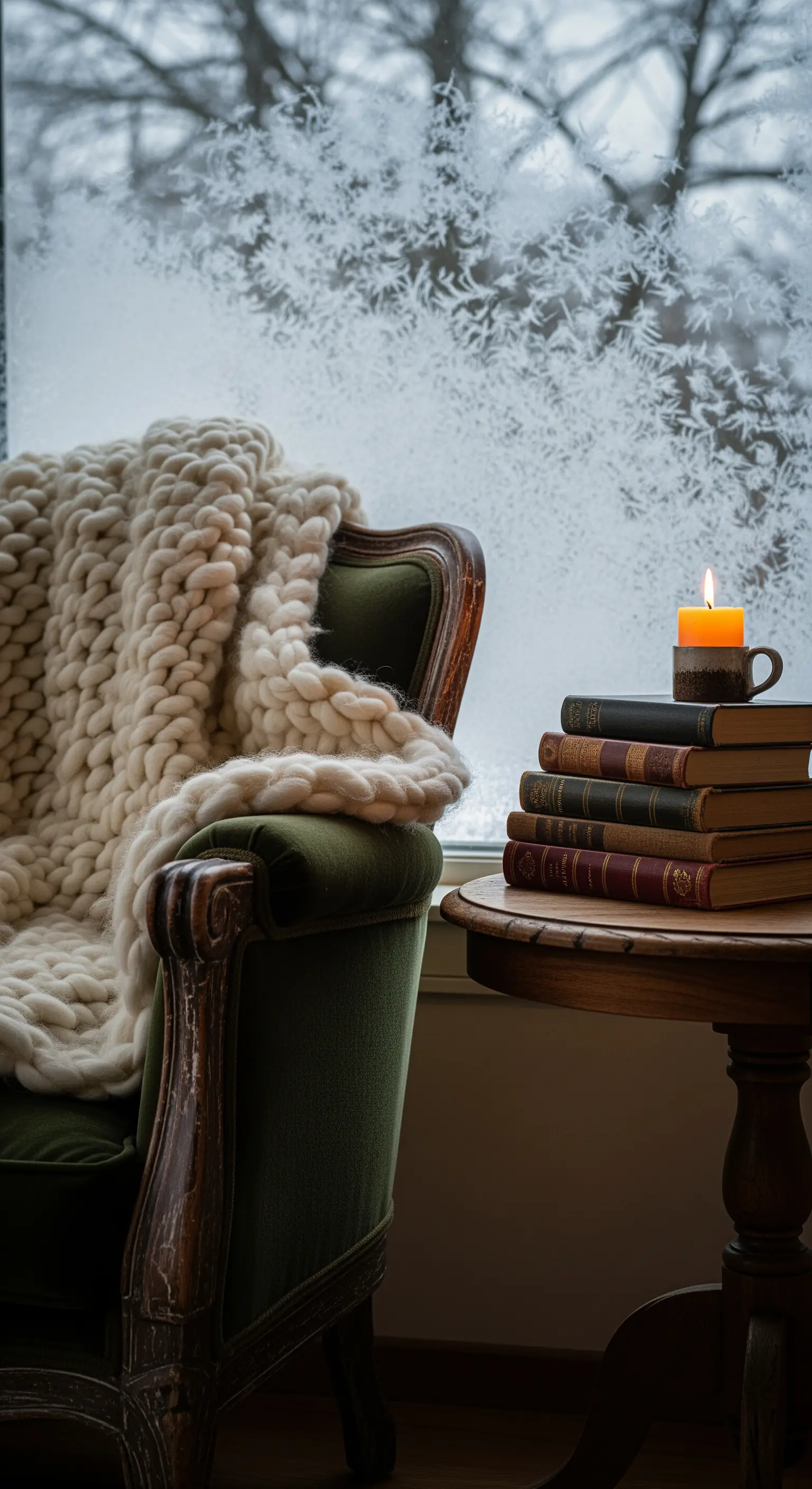 Leseecke mit Grobstrickdecke, Büchern und Kerze am Fenster