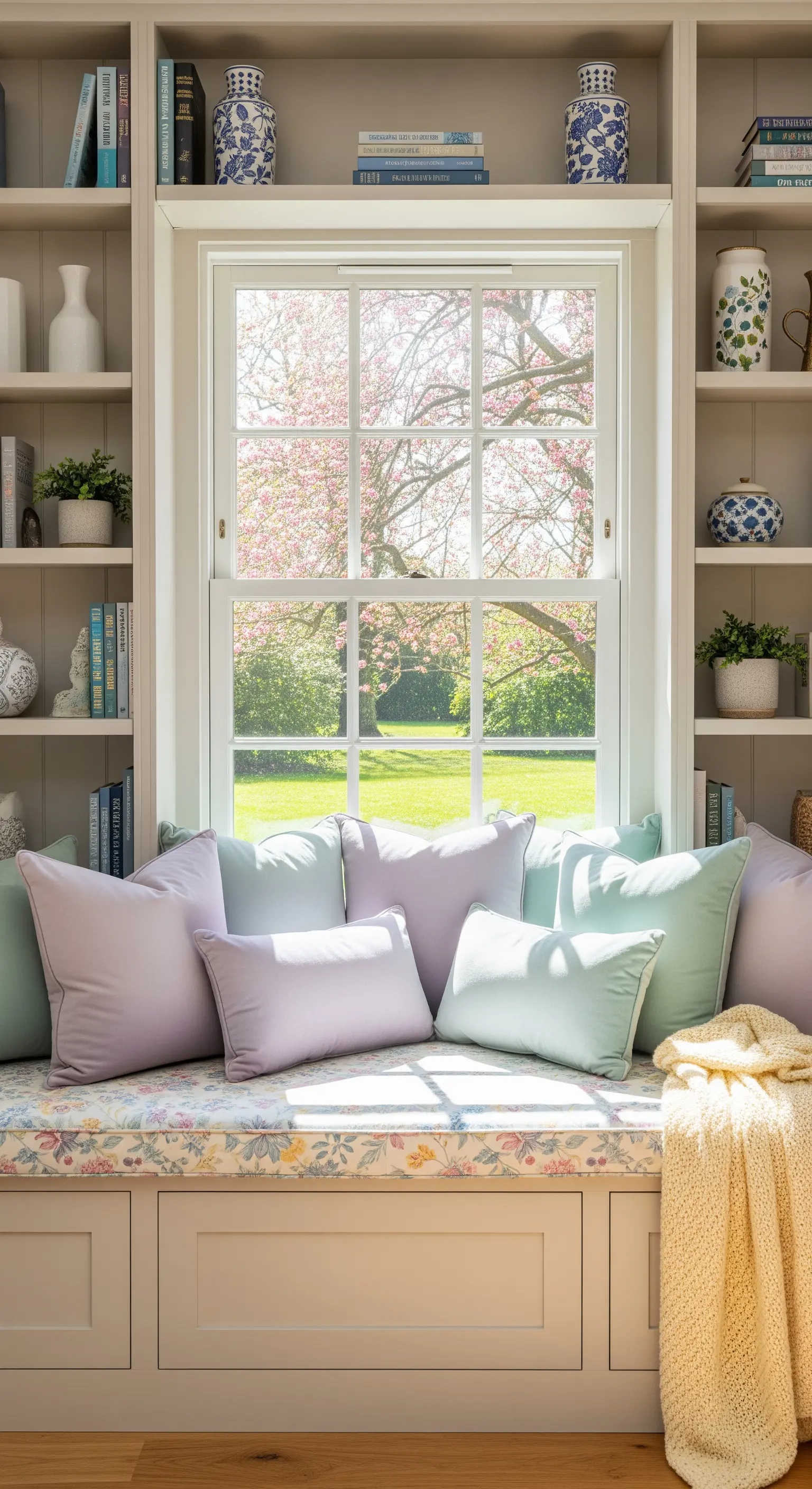 Fenstersitzbank mit Pastellkissen, eingebauten Regalen, blühender Baum