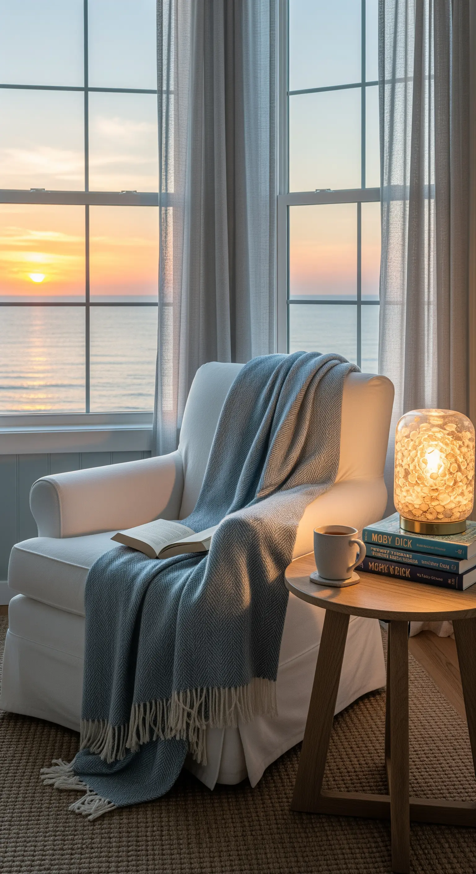 Leseecke mit Sessel, Decke, Beistelltisch und Lampe mit Meeresblick