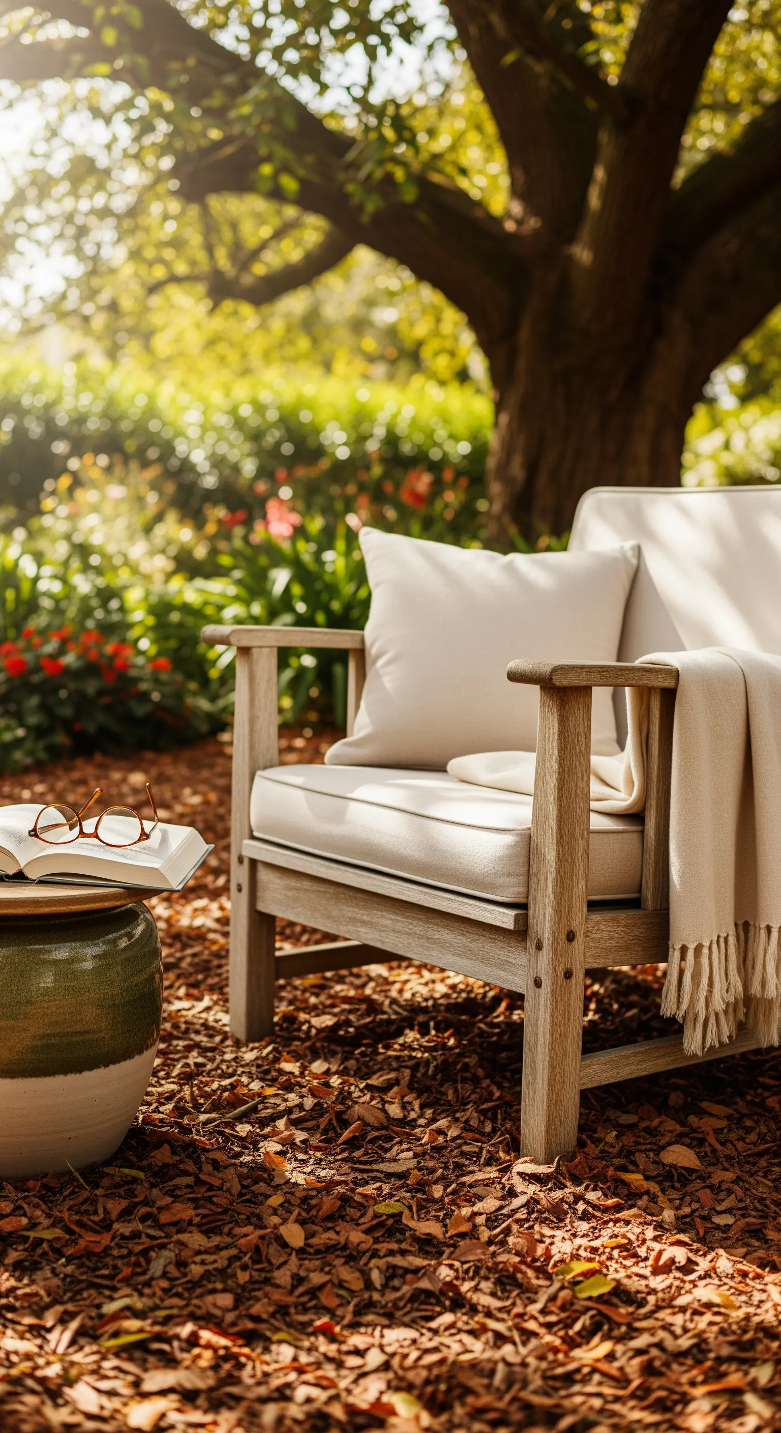 Japandi Lesesessel im Herbstgarten mit Keramikhocker und Decke
