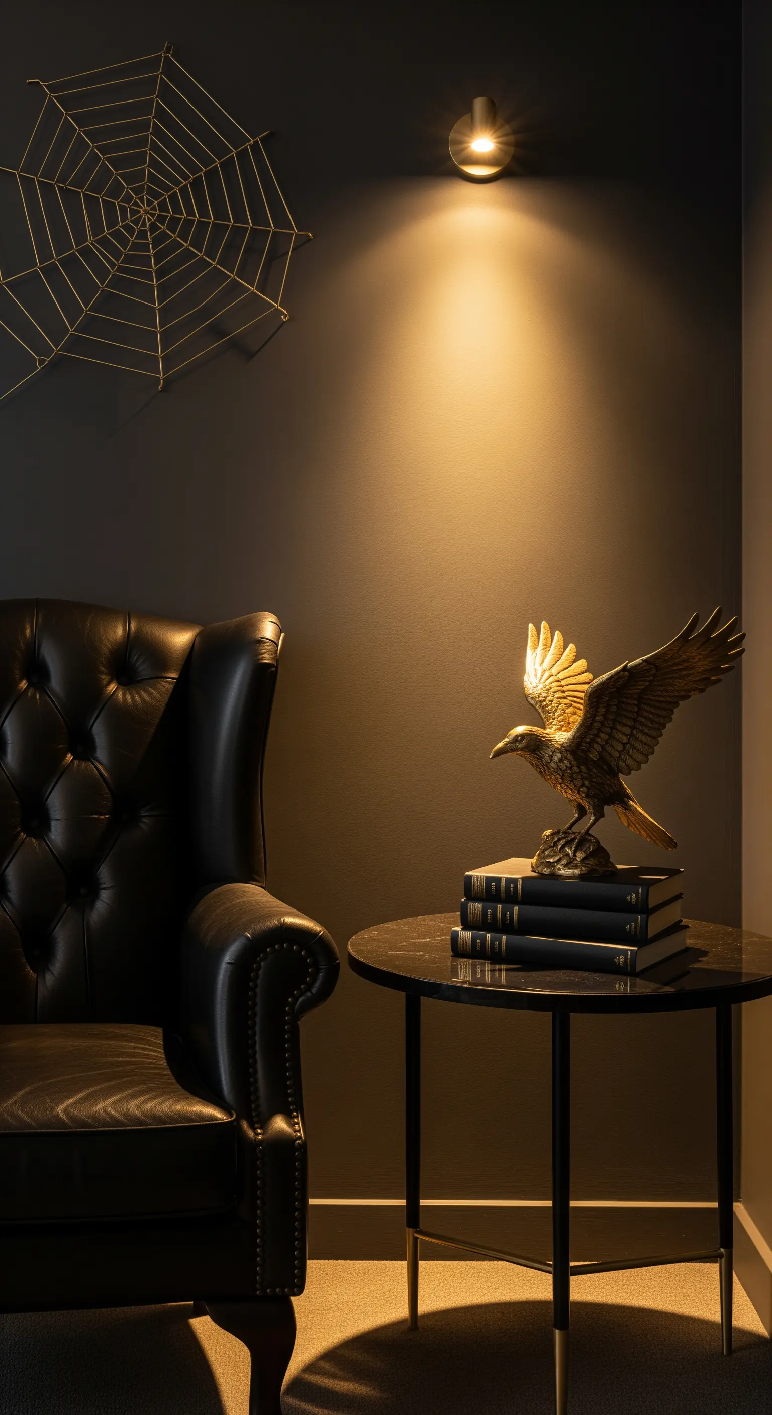 Leseecke mit schwarzem Sessel, Marmortisch, Goldadler und Spinnennetz-Wanddeko