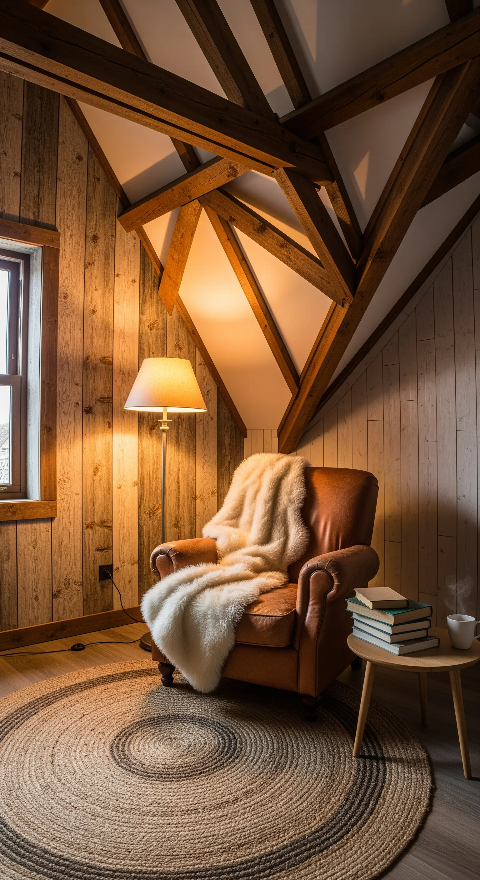 Ledersessel mit Schaffell, Jute-Teppich und Stehlampe in Holzwand-Dachzimmer
