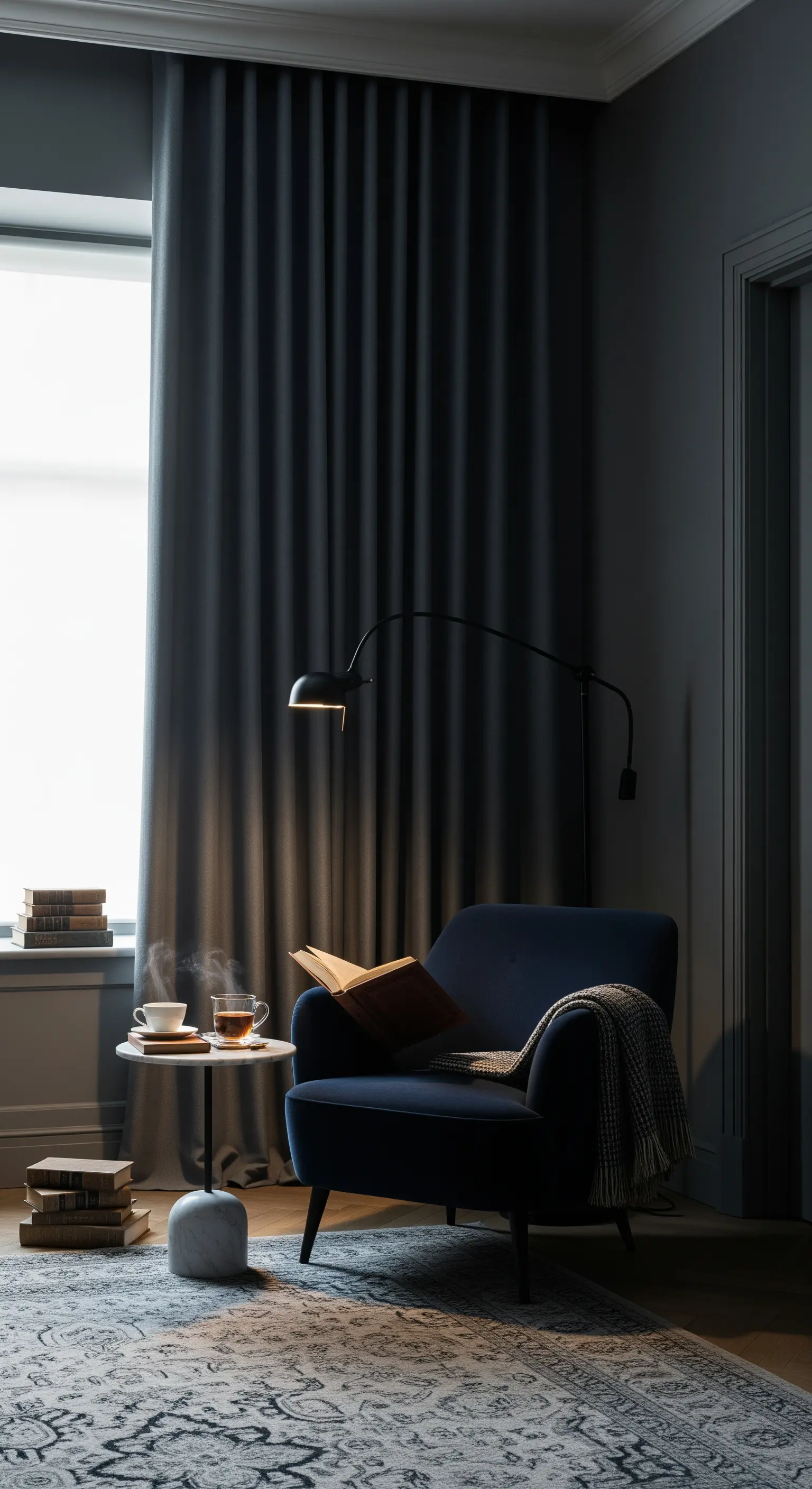 Blaue Samtsessel-Leseecke mit dunklen Vorhängen, Stehlampe und Teetasse