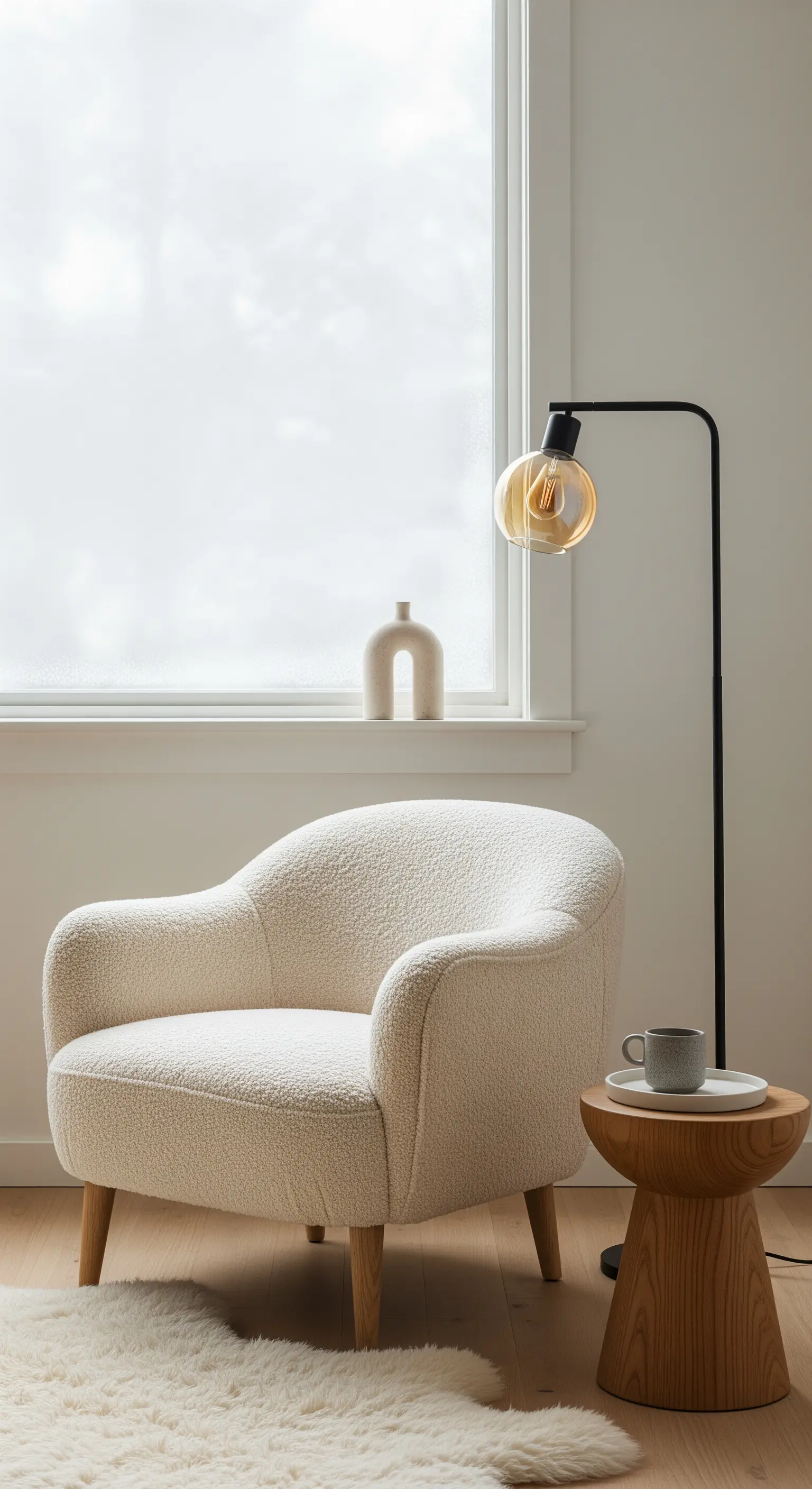 Gemütlicher Sessel in Teddyfell-Optik mit Stehlampe und Schaffell als Leseecke.