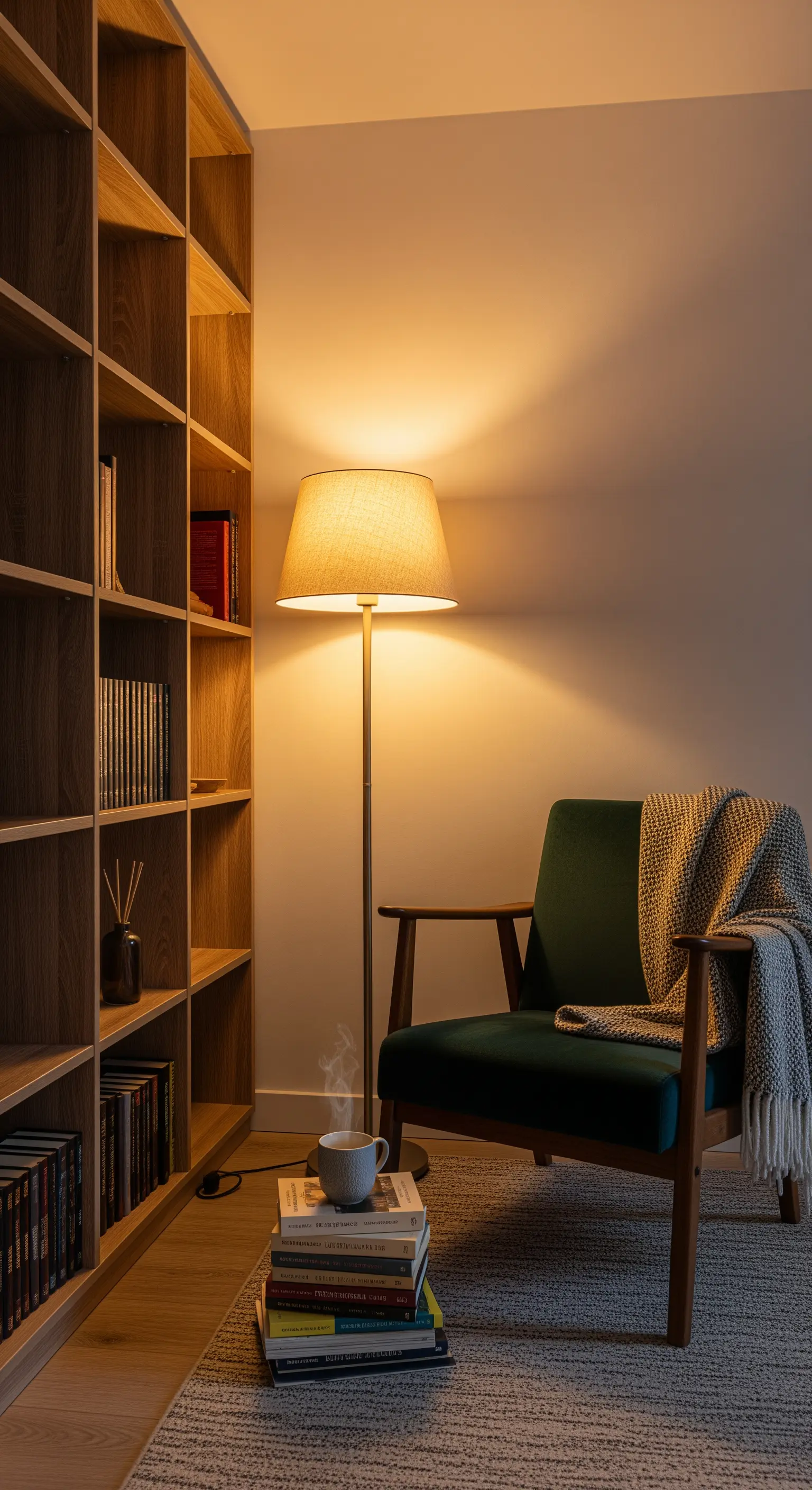 Leseecke mit grünem Sessel, Stehlampe, Büchern und Holzregal.
