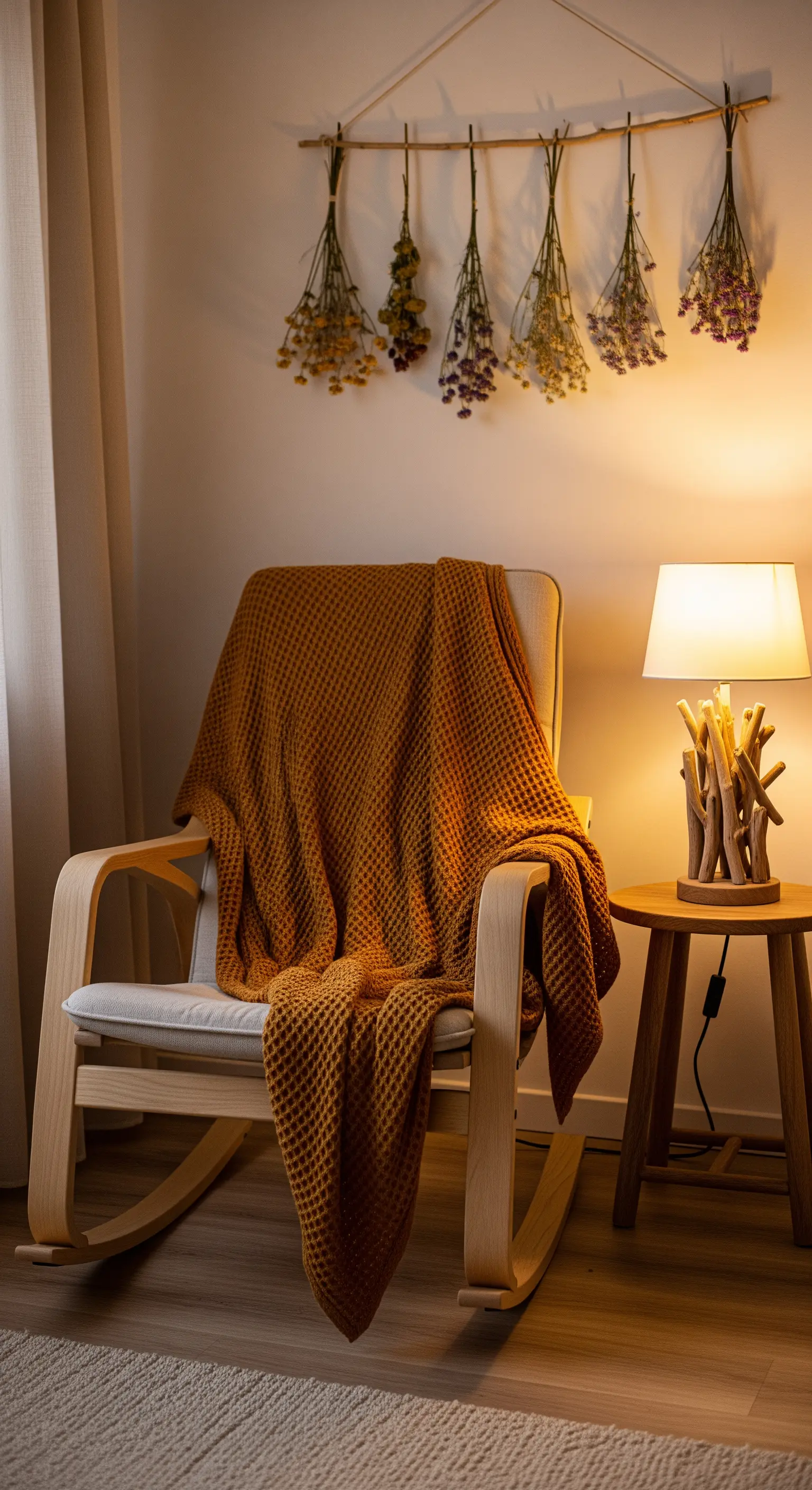 Leseecke, Schaukelstuhl, Treibholzlampe, Trockenblumen, orange Decke