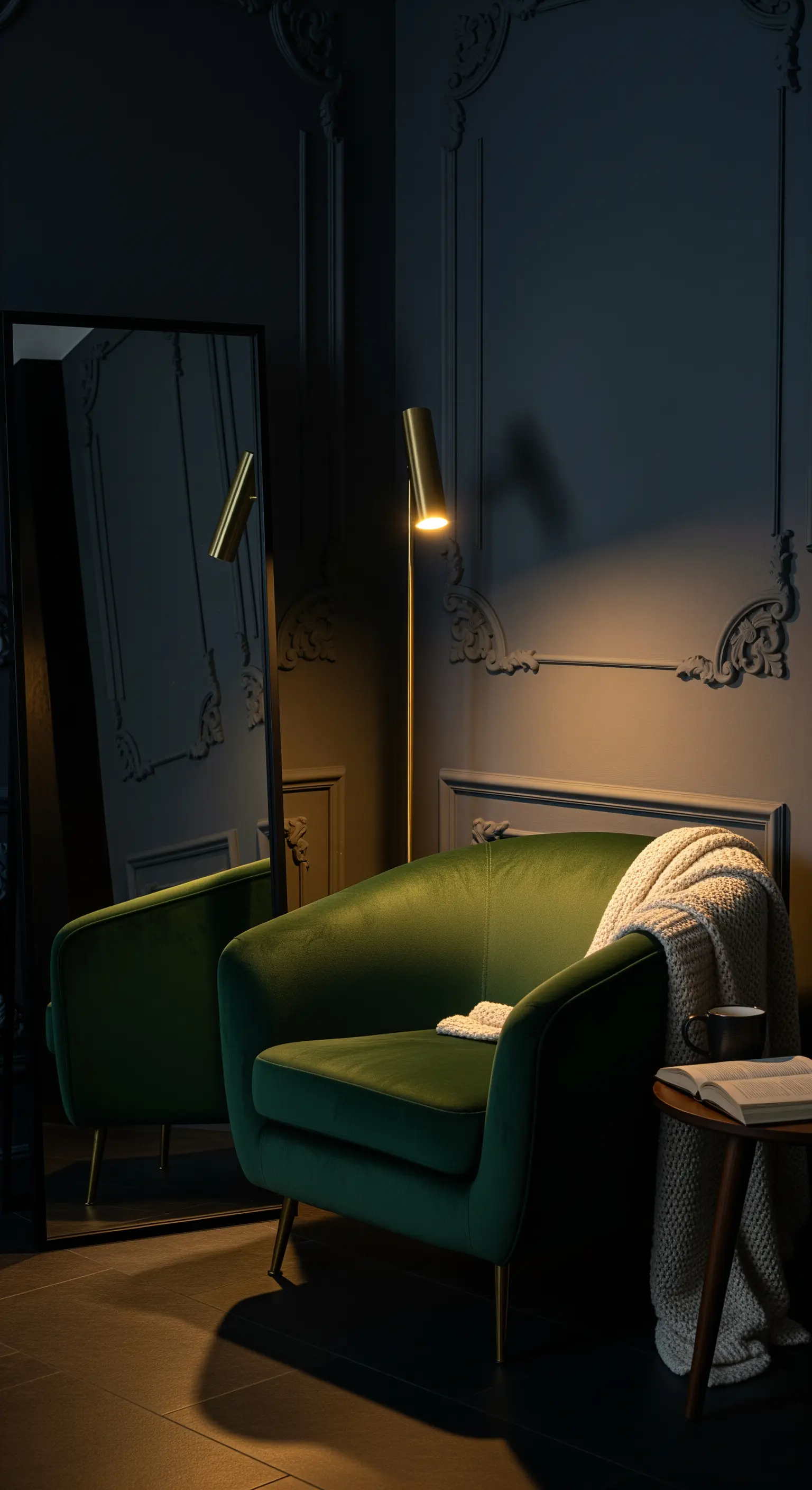Lesenische mit grünem Samtsessel, Standspiegel und Stehleuchte