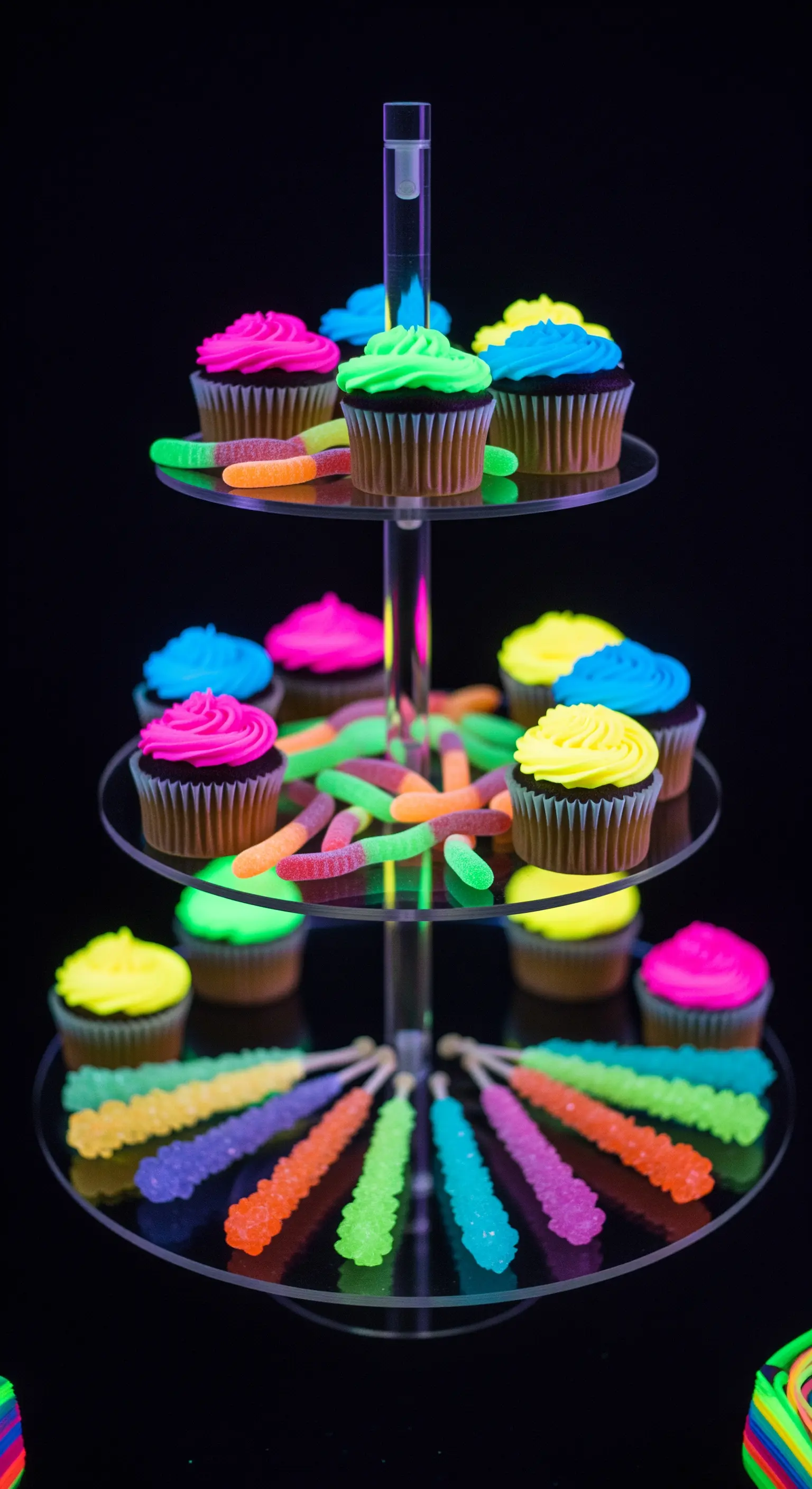 Transparente Etagere mit Cupcakes und Süßigkeiten, die unter Schwarzlicht neonfarben leuchten.