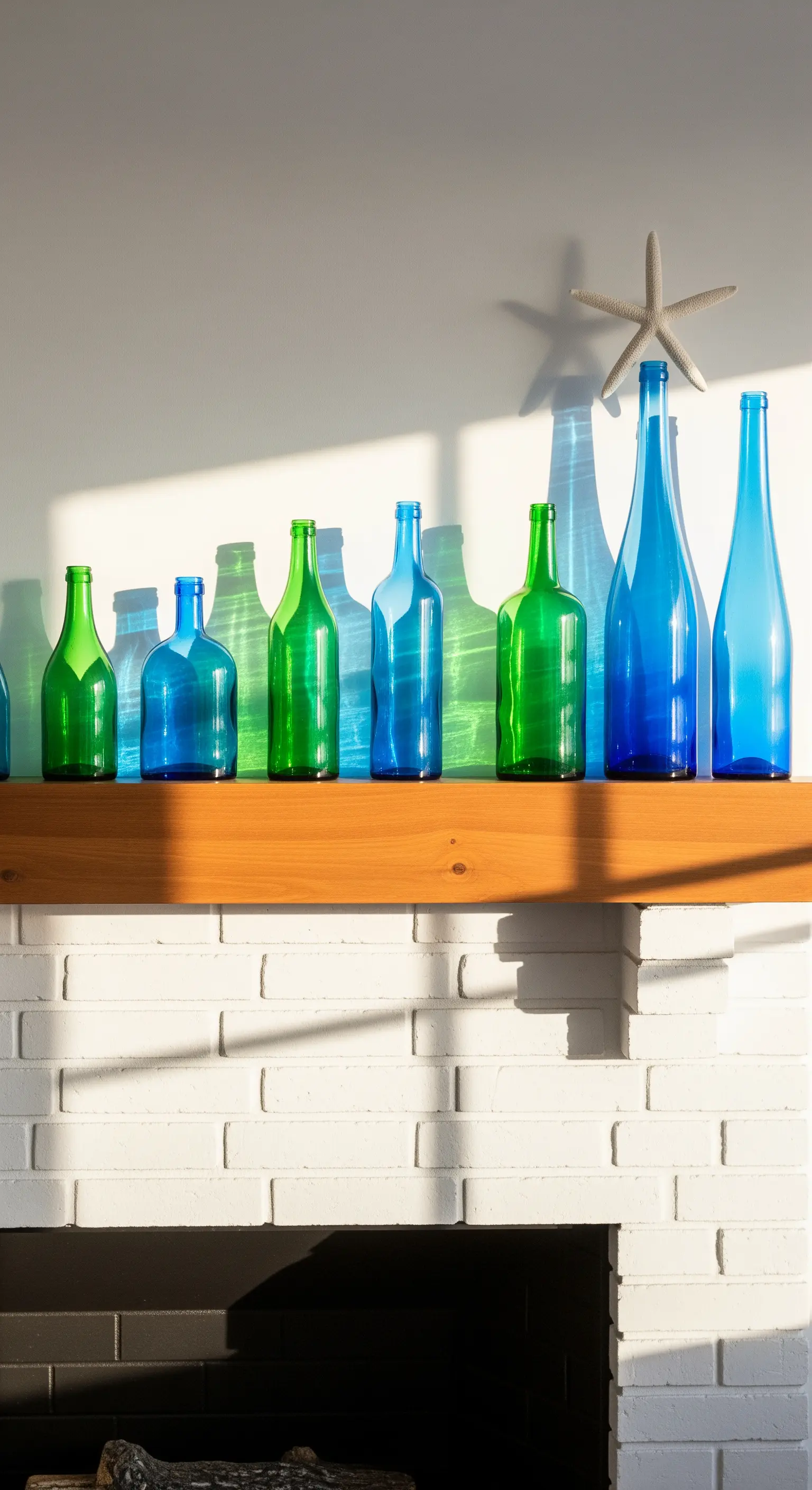 Kaminumrandung mit bunten Glasflaschen in Blau- und Grüntönen im Sonnenlicht.