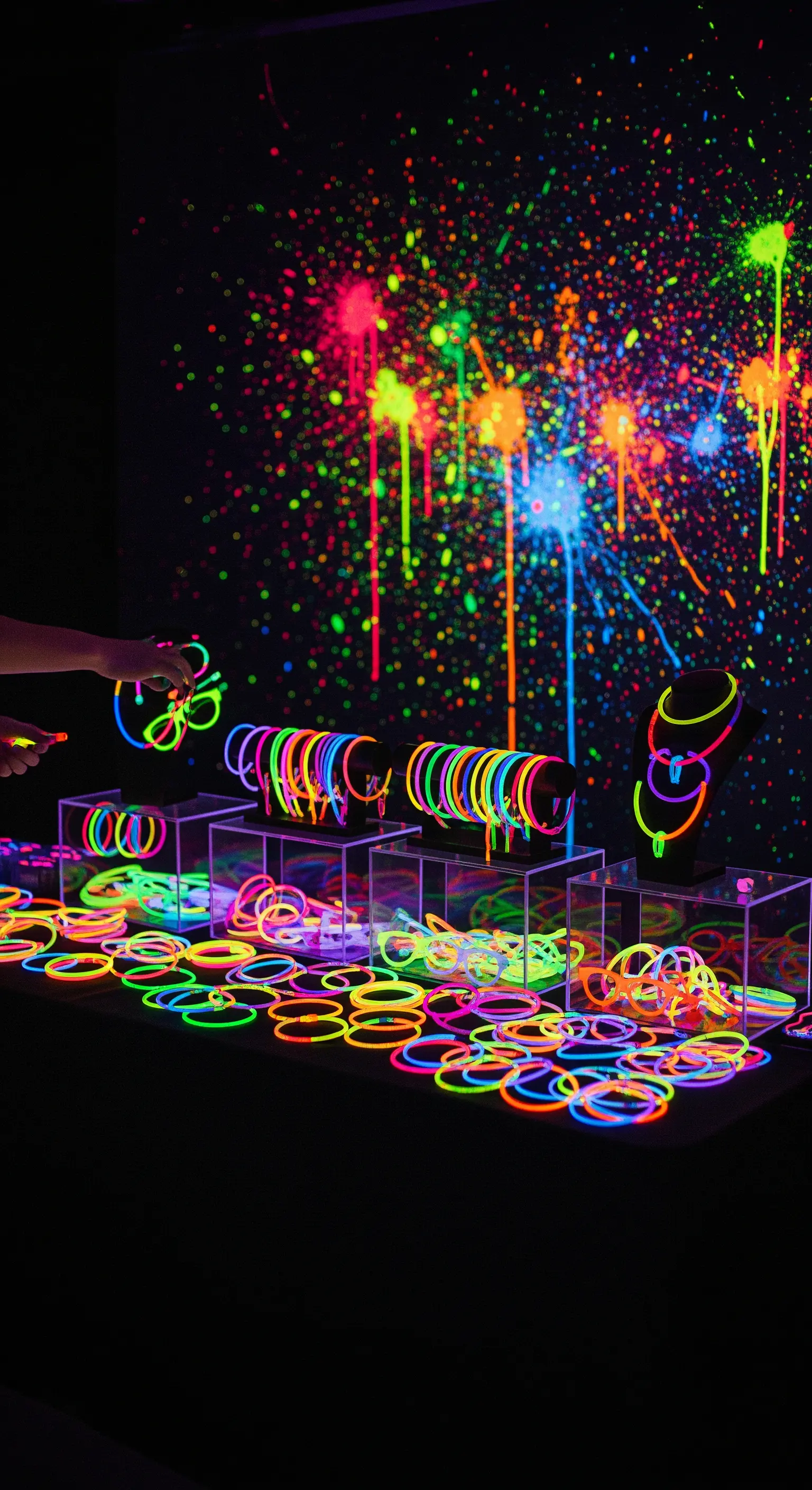 Leuchtstäbe und Armbänder auf einem Tisch vor einem Neon-Spritzwand.