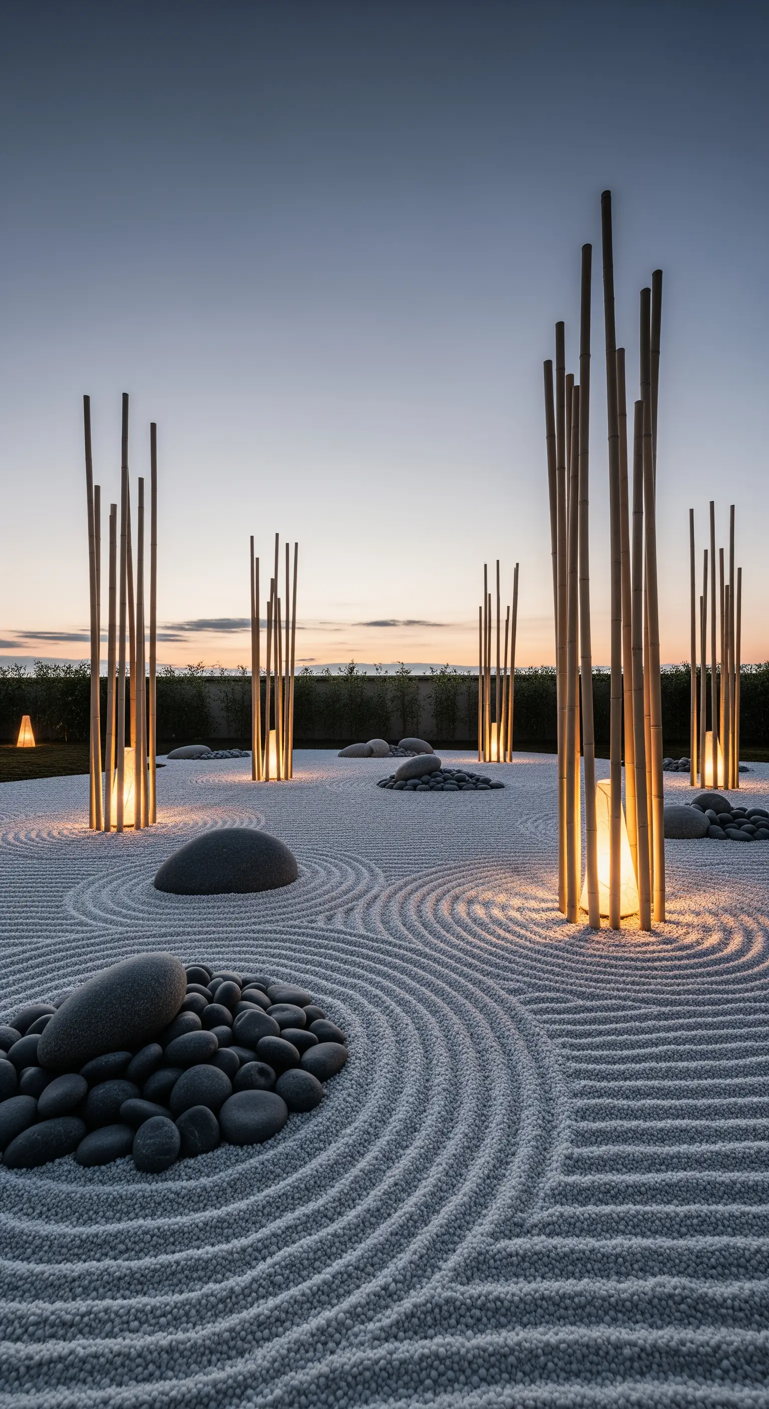 Zen-Garten mit geharktem Kies, großen Steinen und beleuchteten Bambusstäben bei Sonnenuntergang