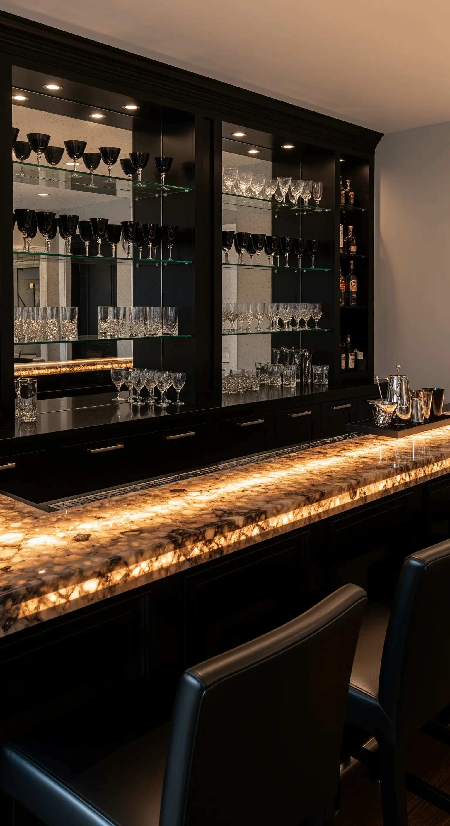 Hausbar mit hinterleuchteter Onyx-Theke, Spiegeln und beleuchteten Regalen