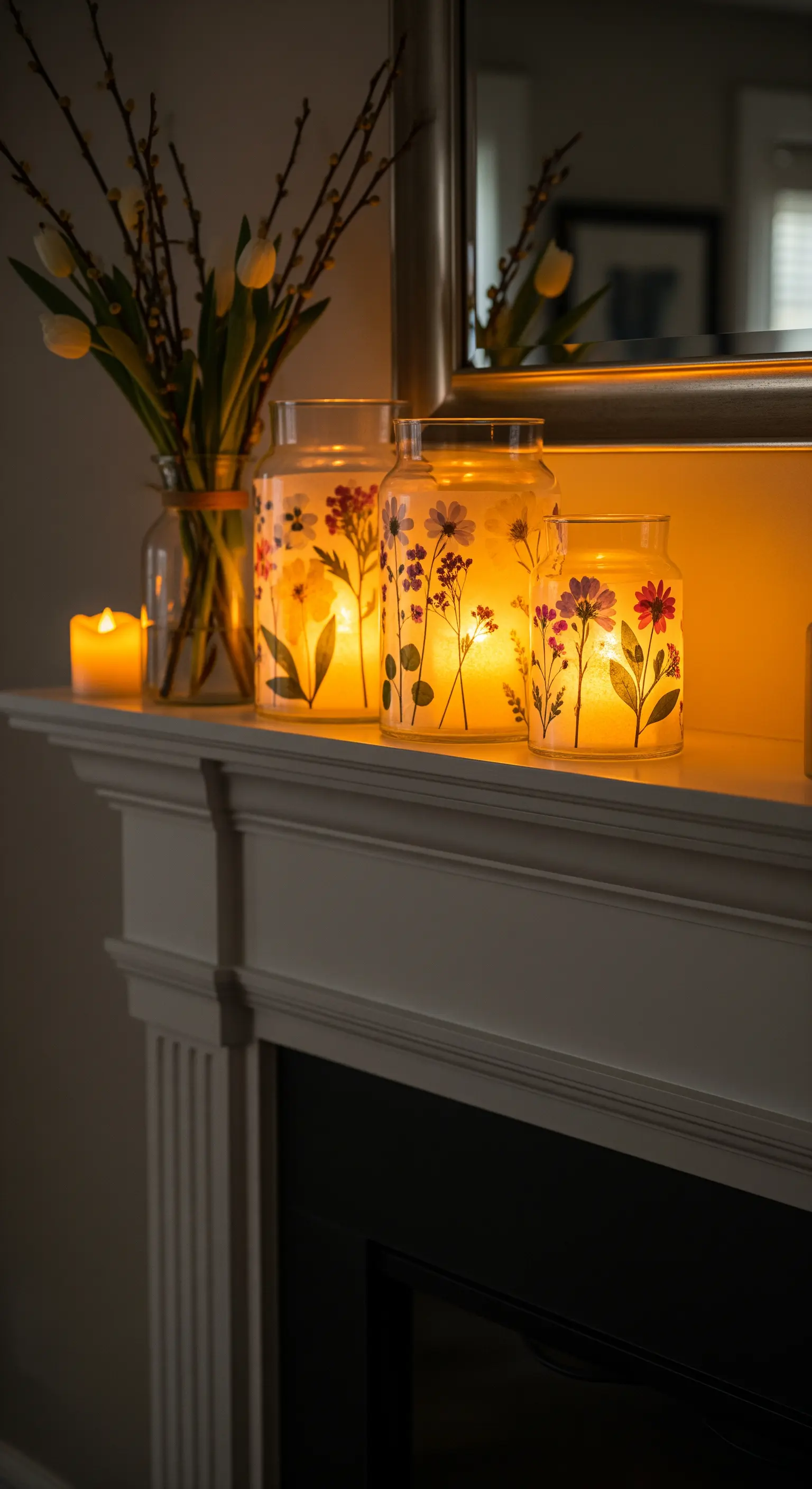 DIY-Windlichter aus Gläsern mit gepressten Blumen und Kerzen.