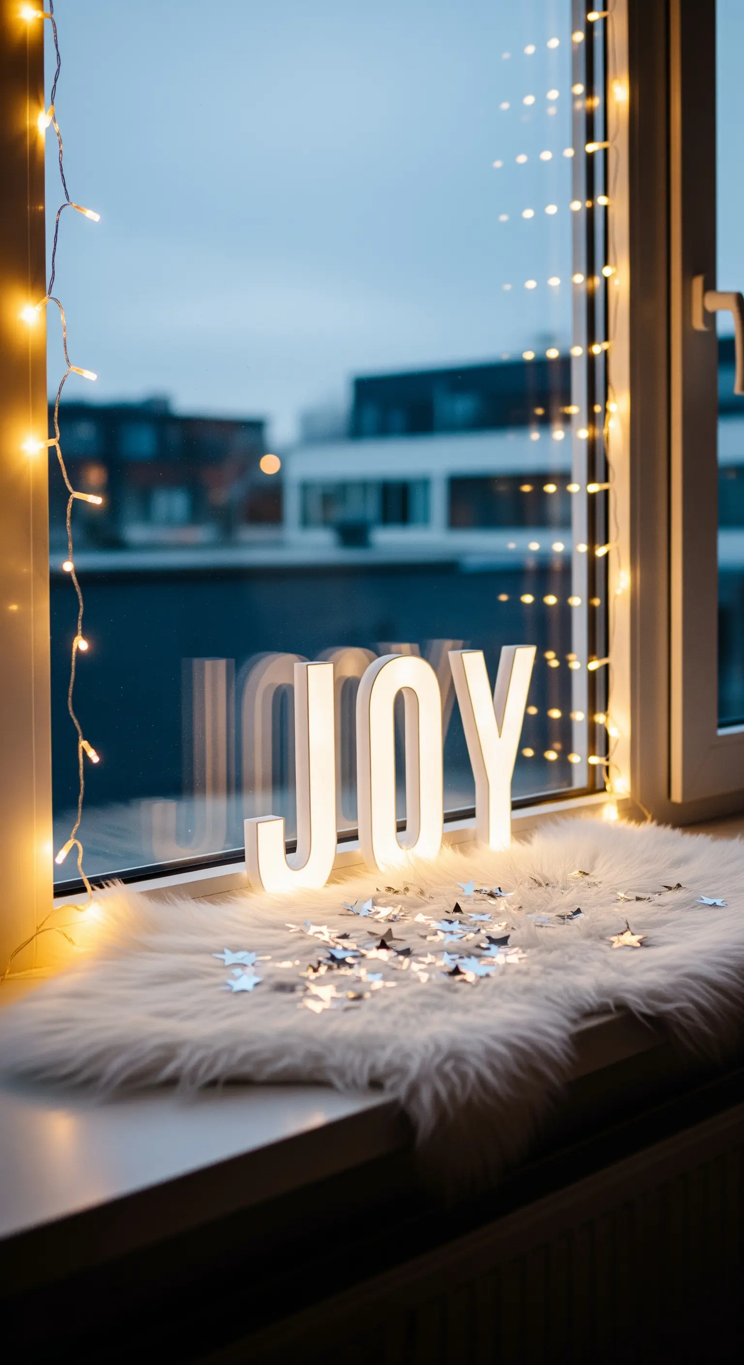 Leuchtende Buchstaben 'JOY' auf flauschigem Kunstfellteppich mit Sternen auf einer Fensterbank, Lichterkette am Rahmen