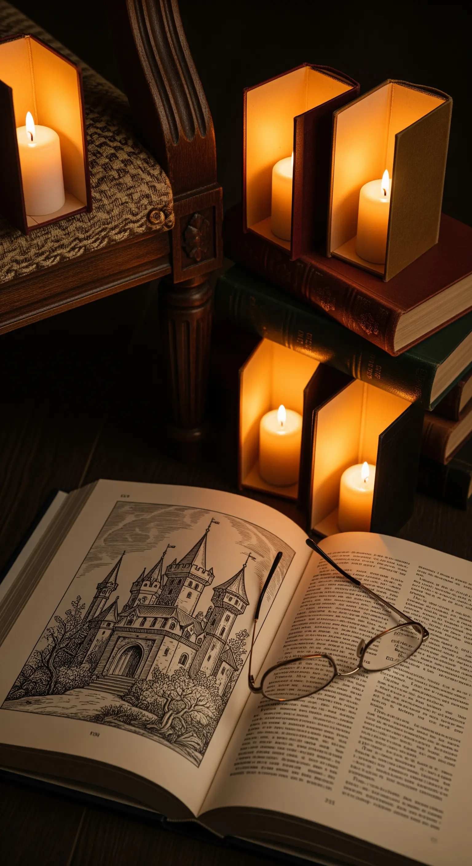 Bücher, Kerzenhalter, offenes Buch, Lesebrille, gemütliche Beleuchtung.