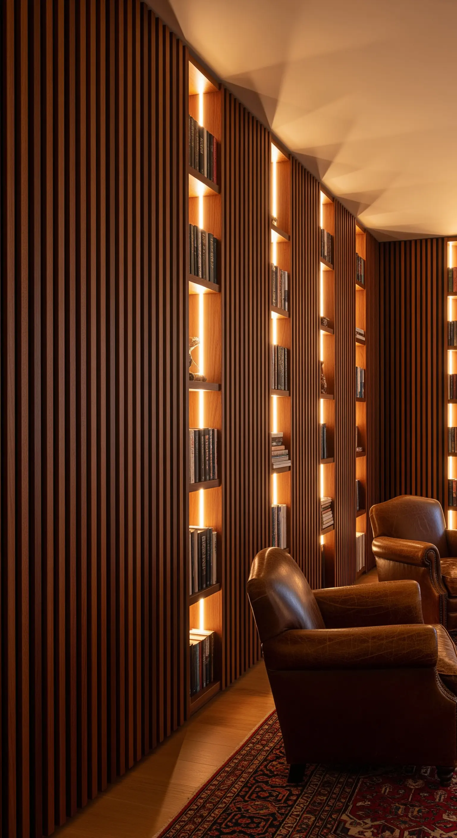 Bibliothekswand aus Holzlamellen mit integrierten, beleuchteten Regalnischen.