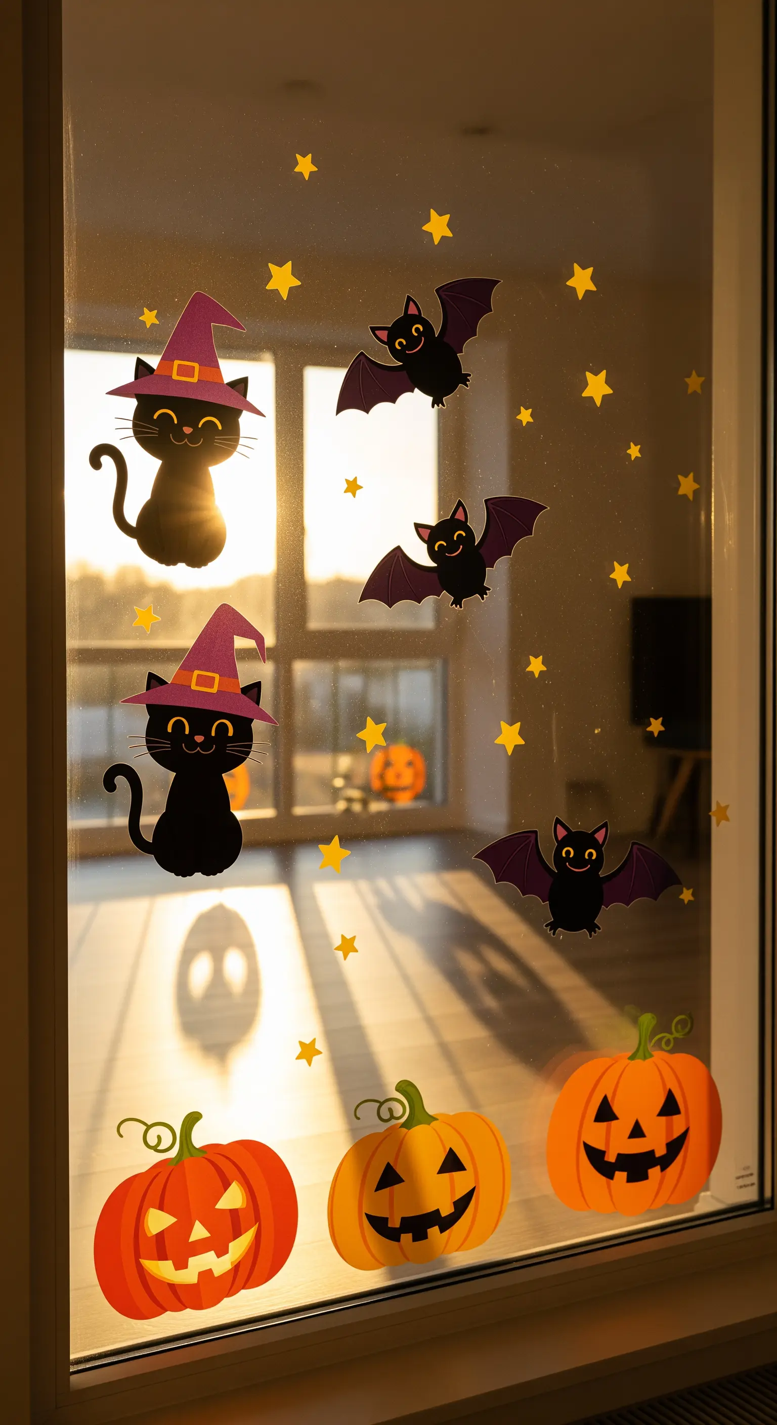 Fenster mit niedlichen Halloween-Stickern, durch die die Abendsonne scheint und Schatten wirft.