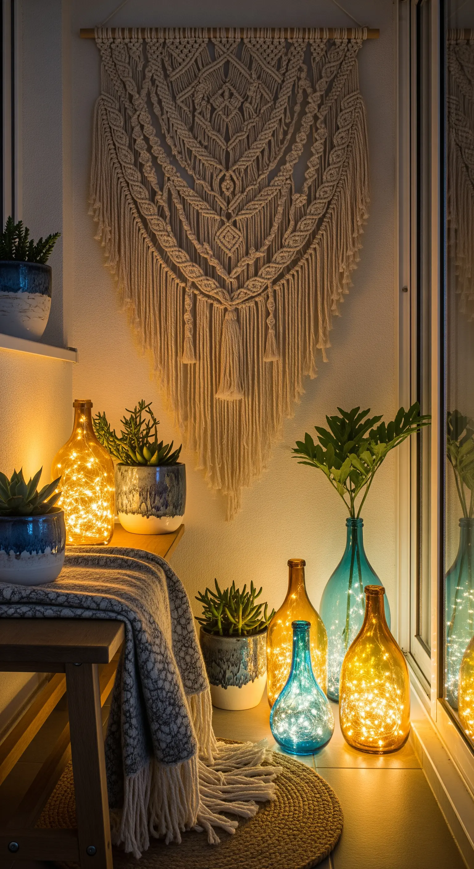 Gruppe von Glasflaschen, gefüllt mit Lichterketten, neben einem Makramee-Wandbehang