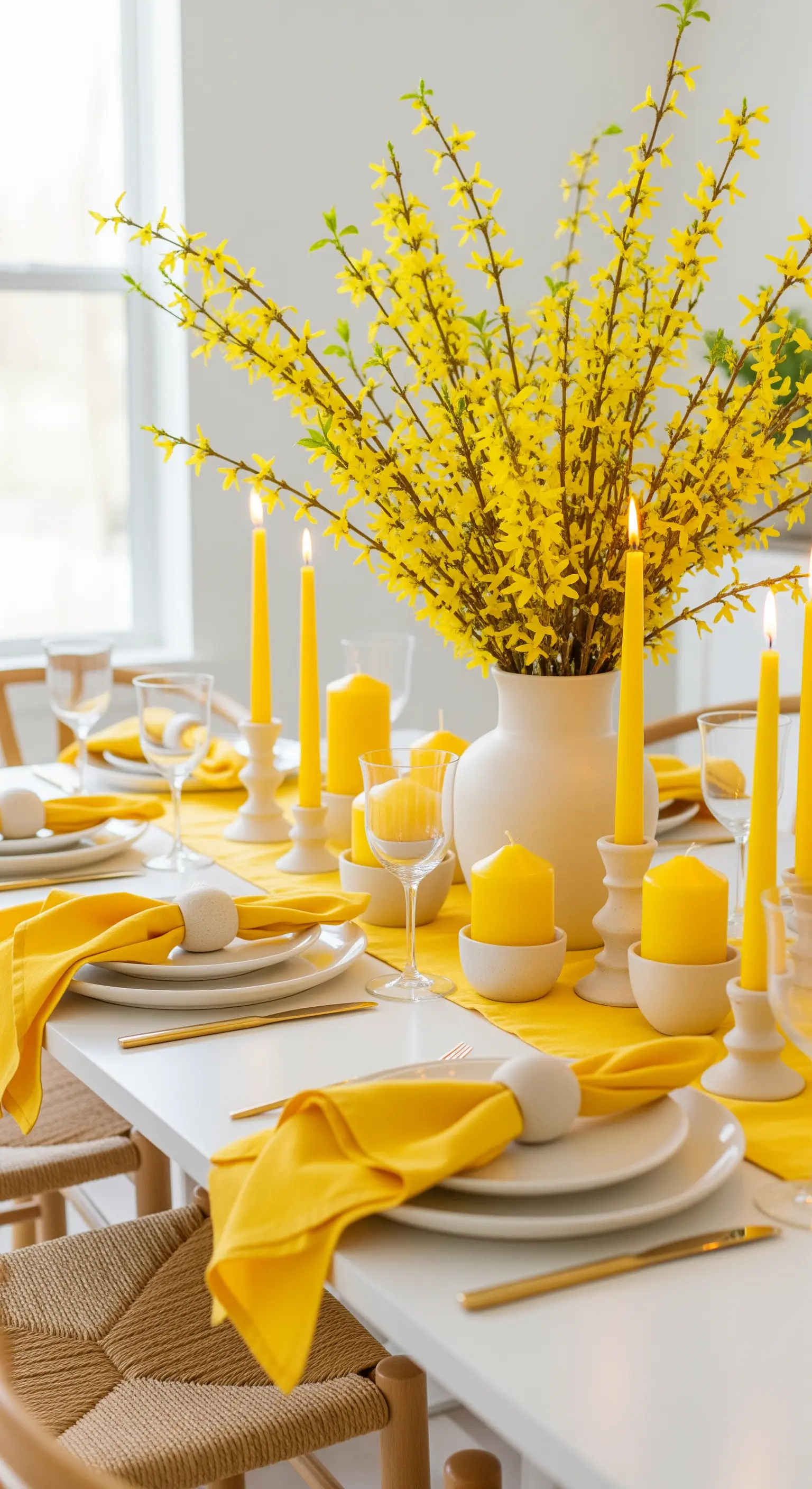 Strahlende Osterdeko: Forsythien, gelbe Kerzen und weiße Akzente