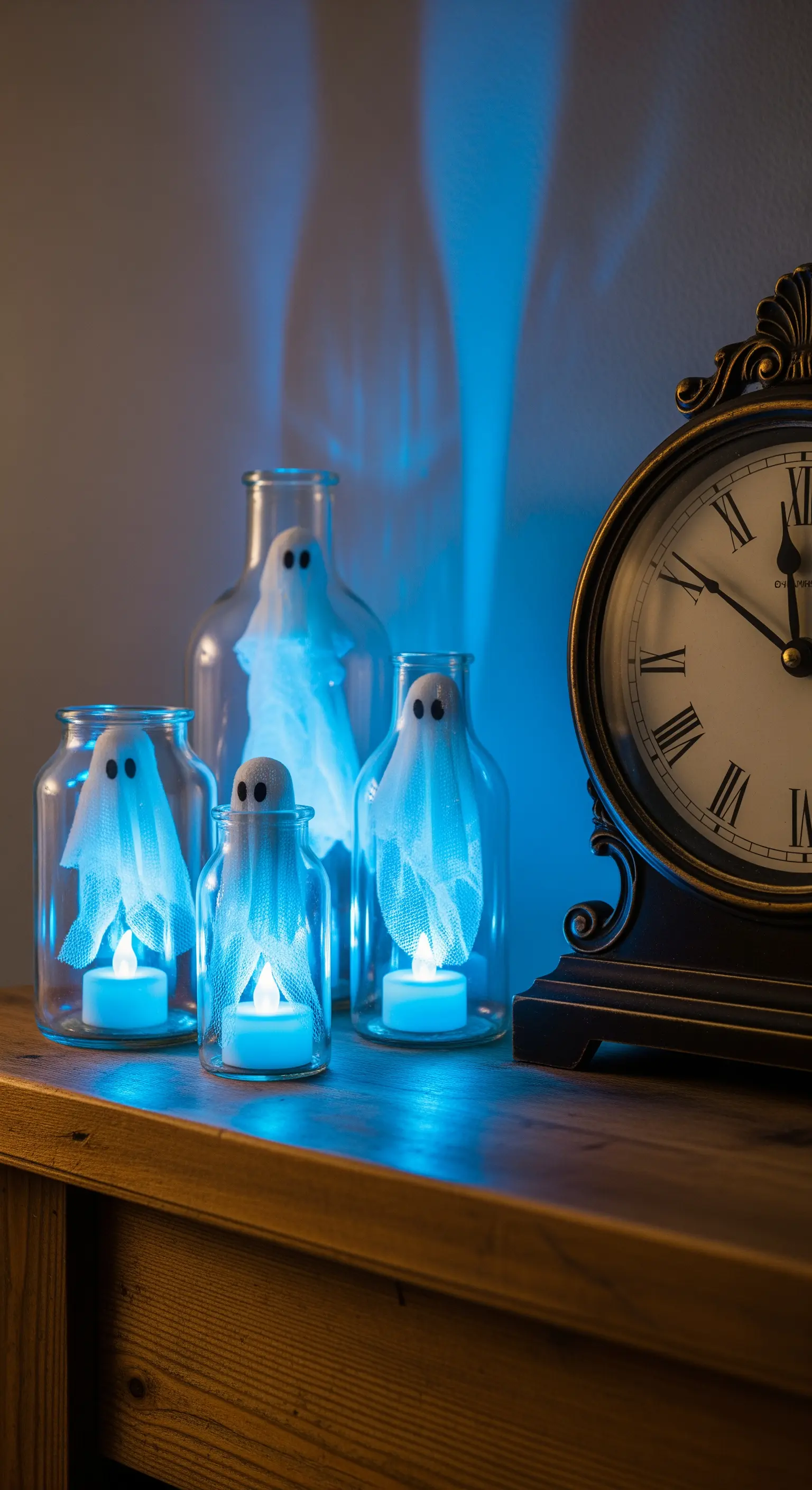 Geisterfiguren in Gläsern mit blauem LED-Licht und antiker Uhr