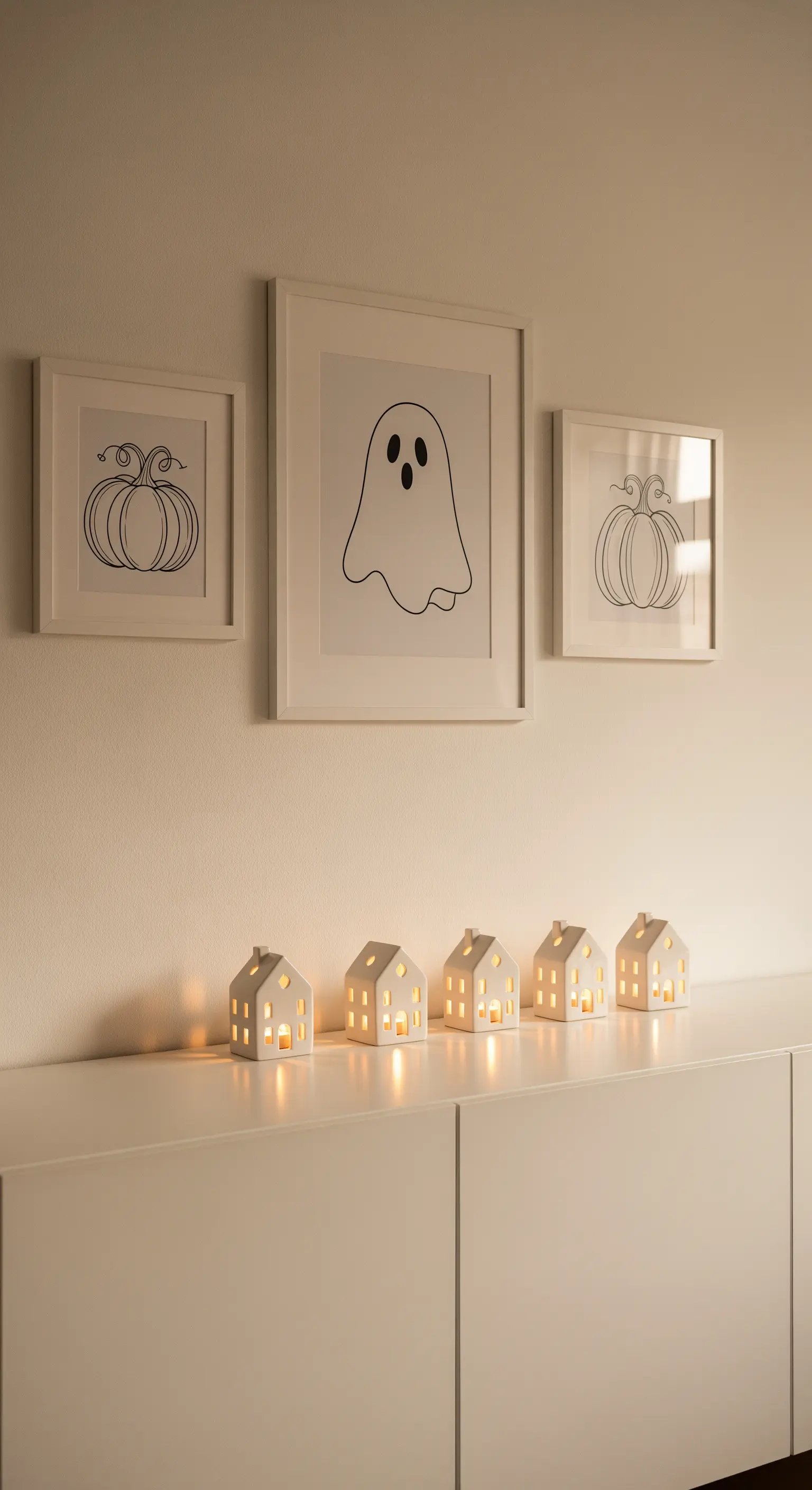 Sideboard mit beleuchteten Miniaturhäusern und gerahmten Halloween-Bildern