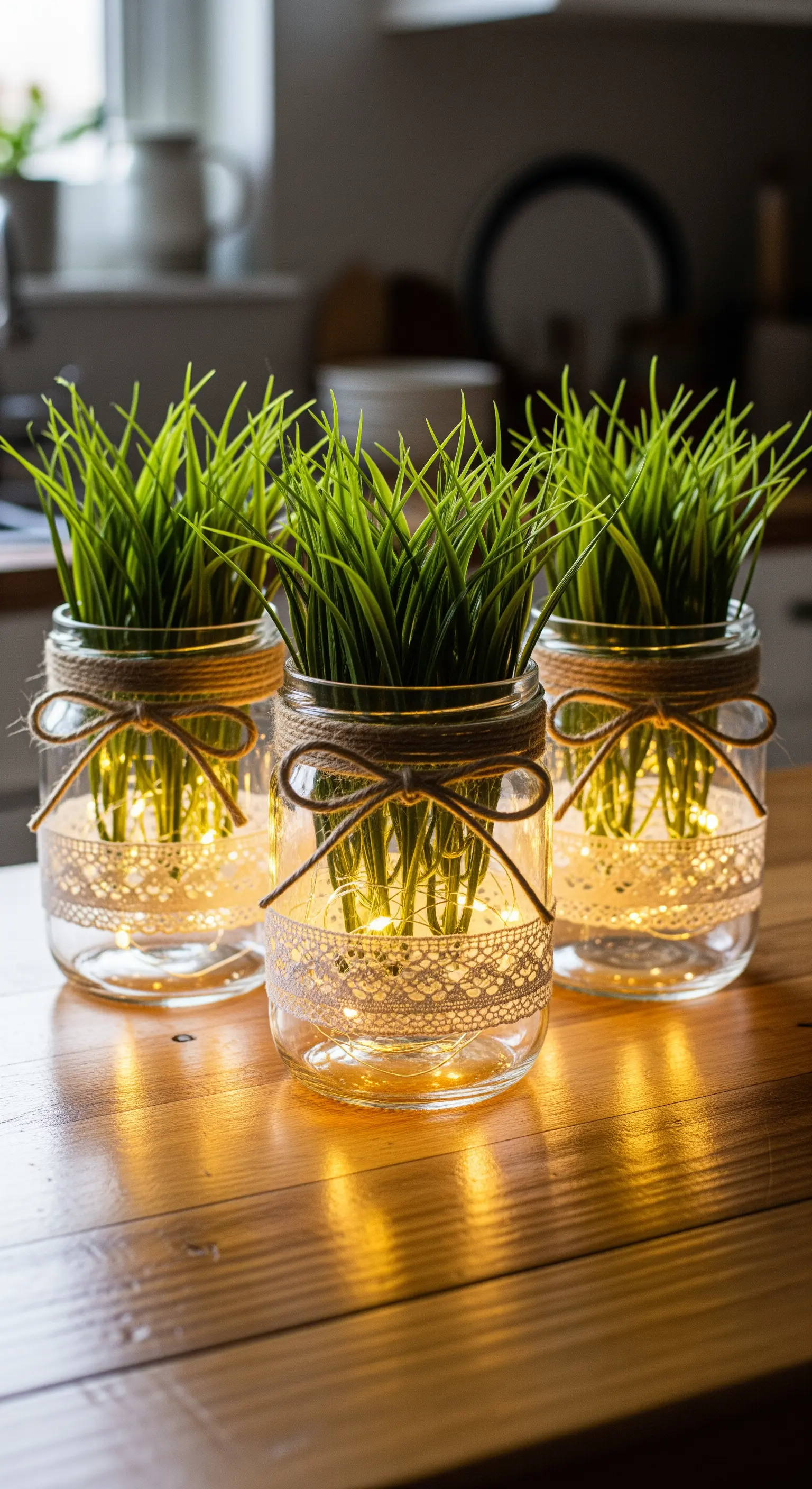 Glasgefäße mit künstlichem Gras, Lichterketten und Jute-Spitzenband