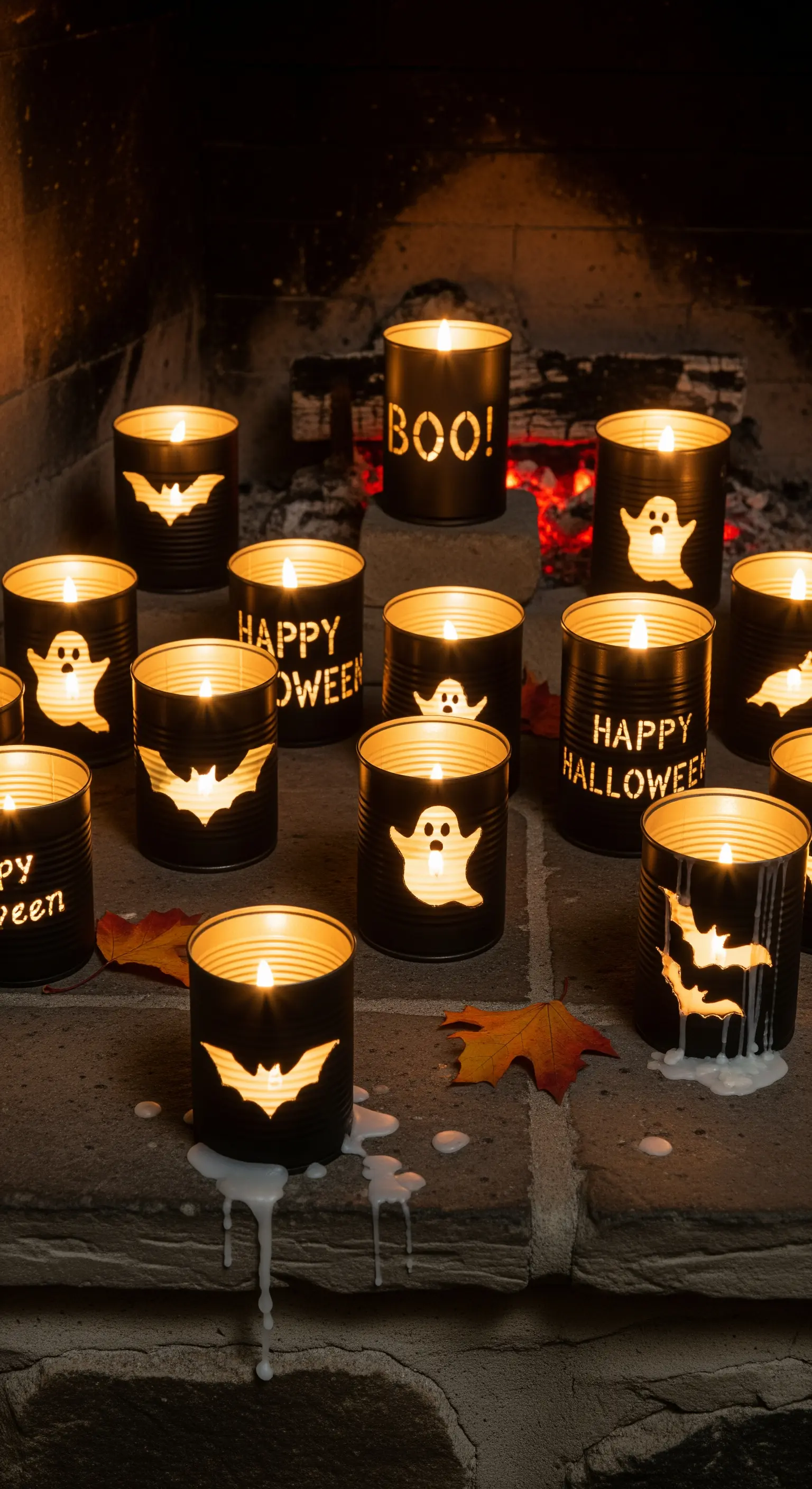 Halloween Deko aus schwarzen Dosen mit ausgeschnittenen Motiven und Kerzenlicht.