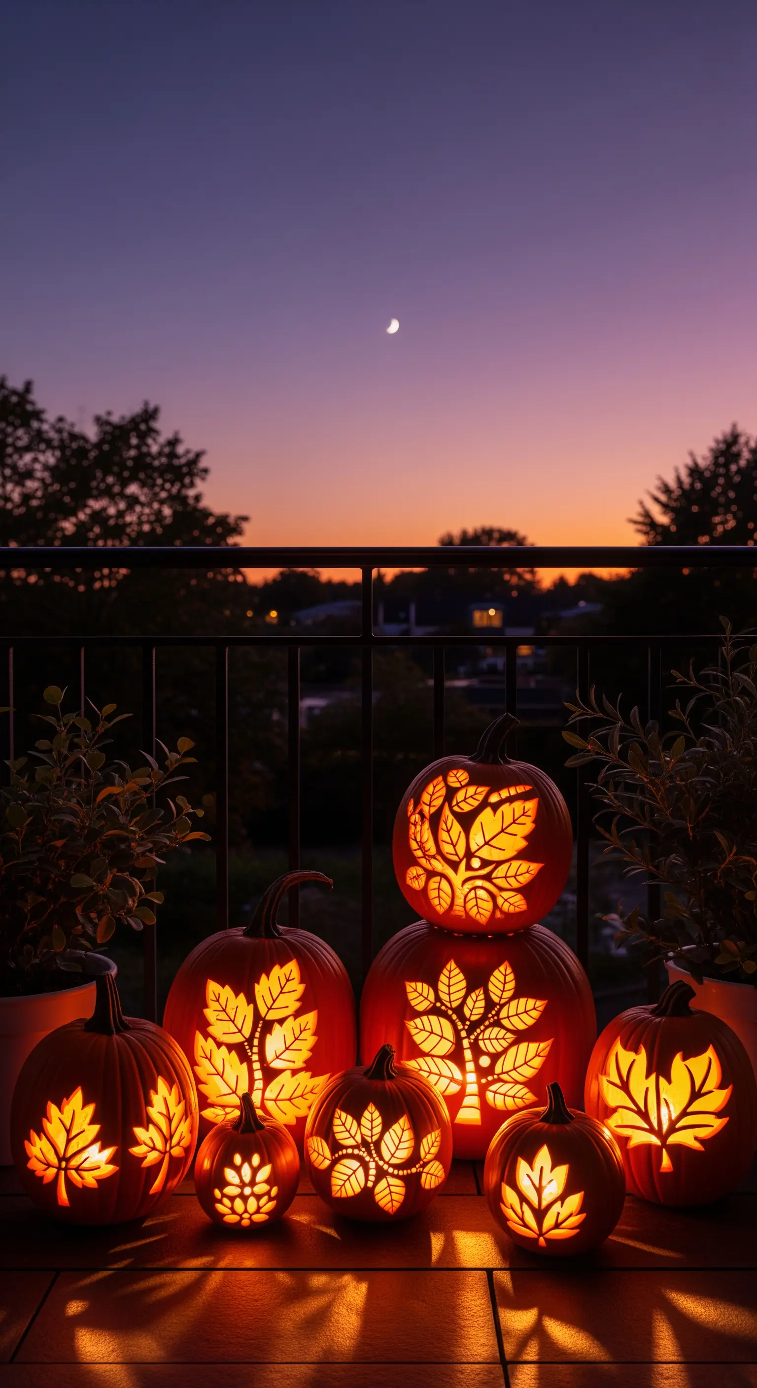 Balkon Deko bei Dämmerung, kunstvoll geschnitzte Kürbisse mit Blattmotiven leuchten