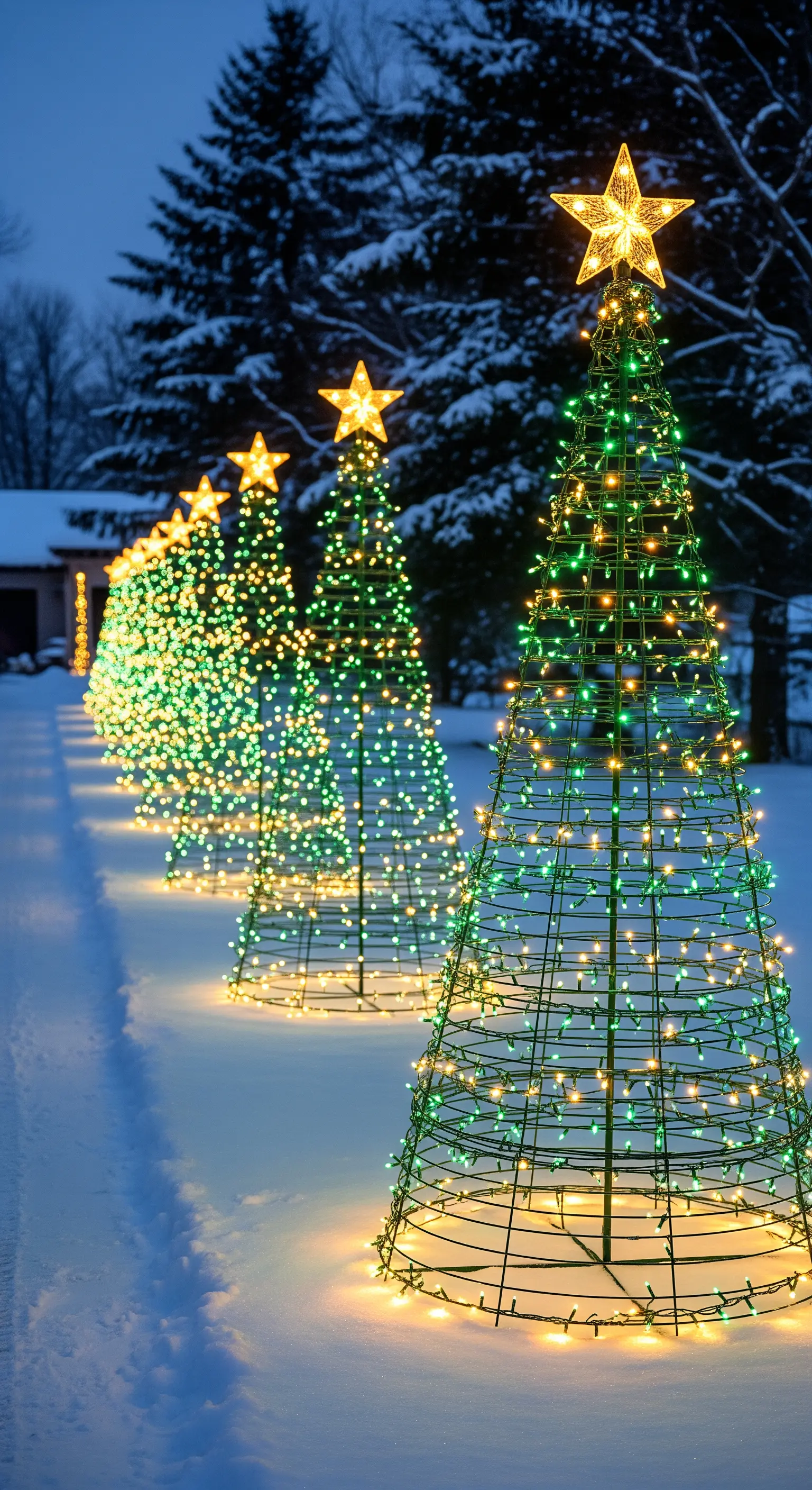 Reihe von beleuchteten Drahtkegelbäumen in Grün und Gelb mit Sternspitzen im Schnee.
