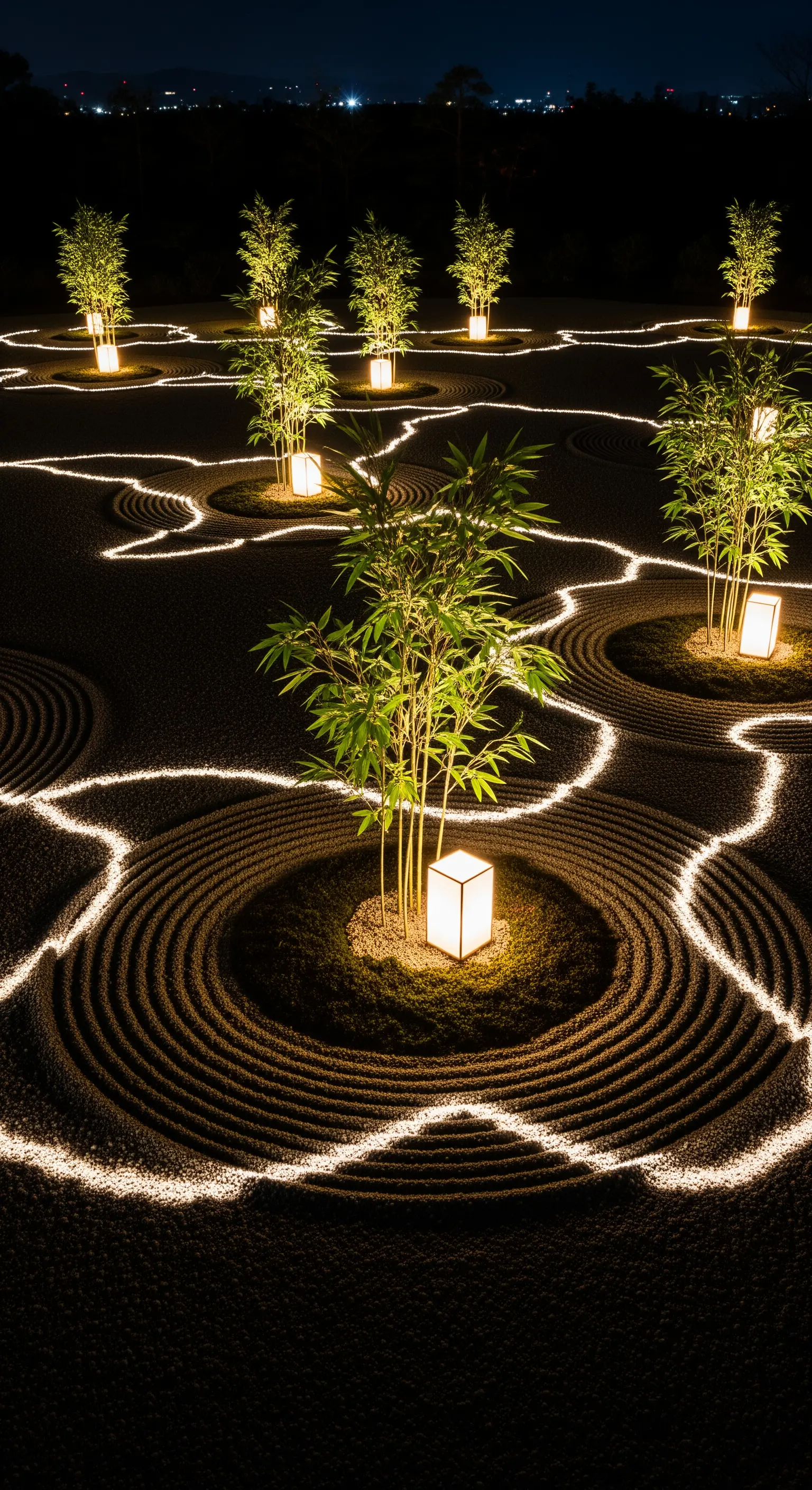 Zen-Garten mit leuchtenden Kiesmustern, Bambuspflanzen und kubischen Laternen in der Nacht
