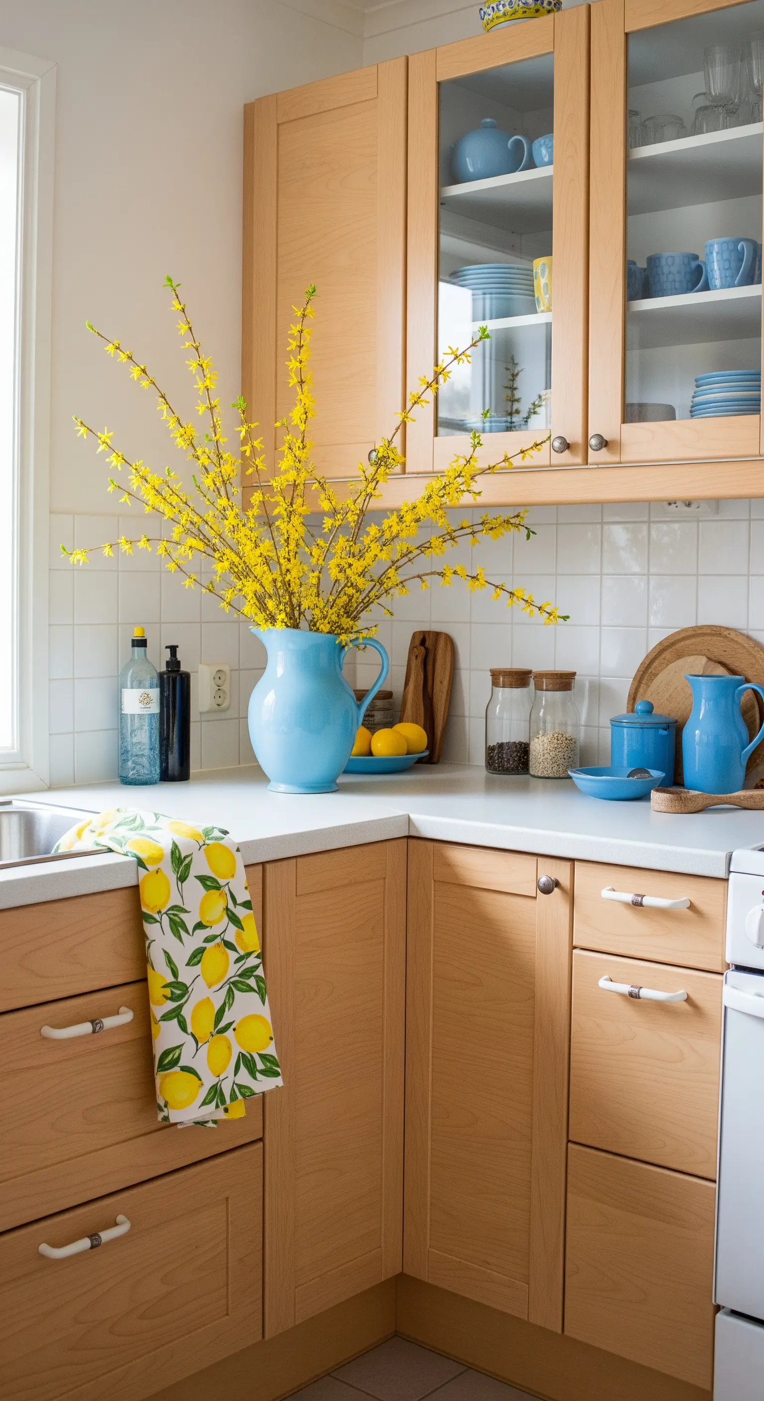 Leuchtend gelbe Forsythienzweige in einem großen hellblauen Krug in einer Holzküche