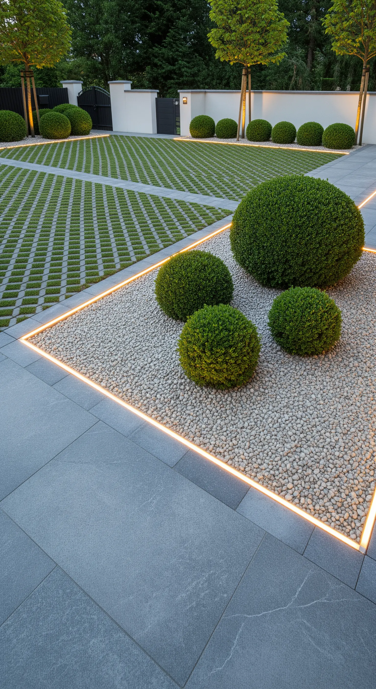 Japandi Gartenbeet mit runden Buchsbäumen, Kies und LED-Beleuchtung