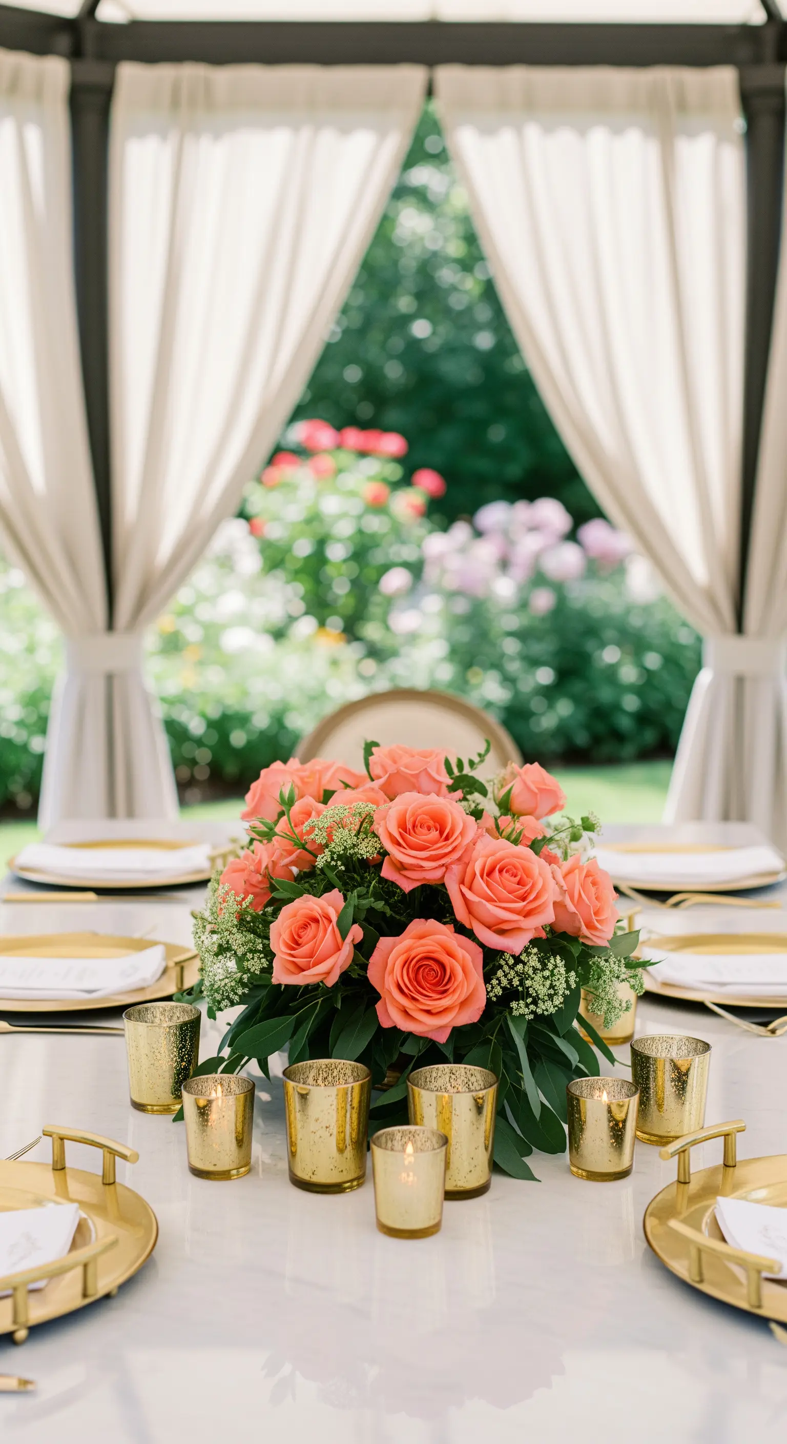 Runder Marmortisch mit korallenfarbenen Rosen, goldenen Votivkerzen im Garten-Pavillon.
