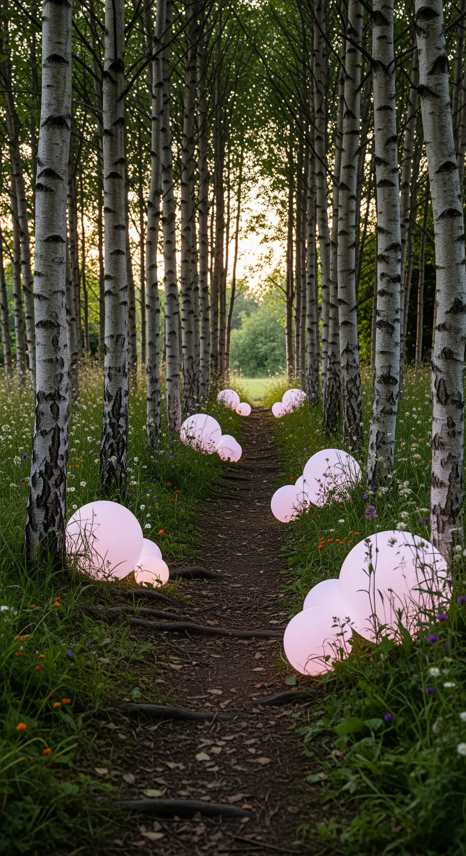 Leuchtende Kugeln, die wie magische Pilze einen Waldweg säumen.