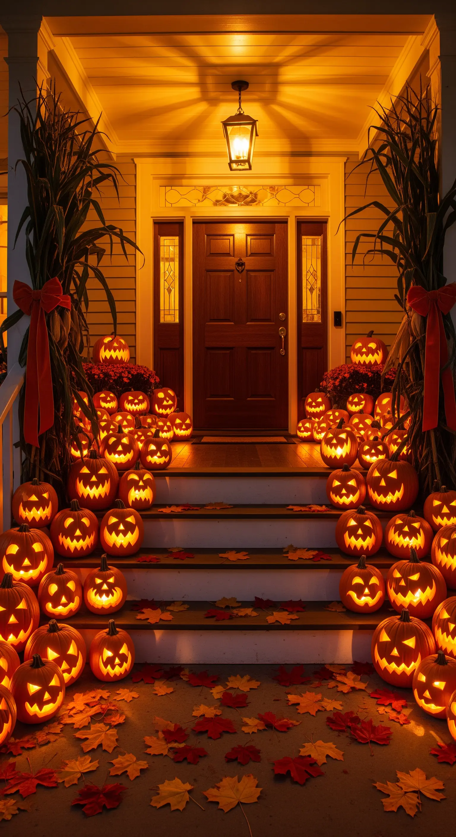 Warme Kürbiskaskade auf einer Treppe, beleuchtet mit LED-Kerzen und Herbstblättern.