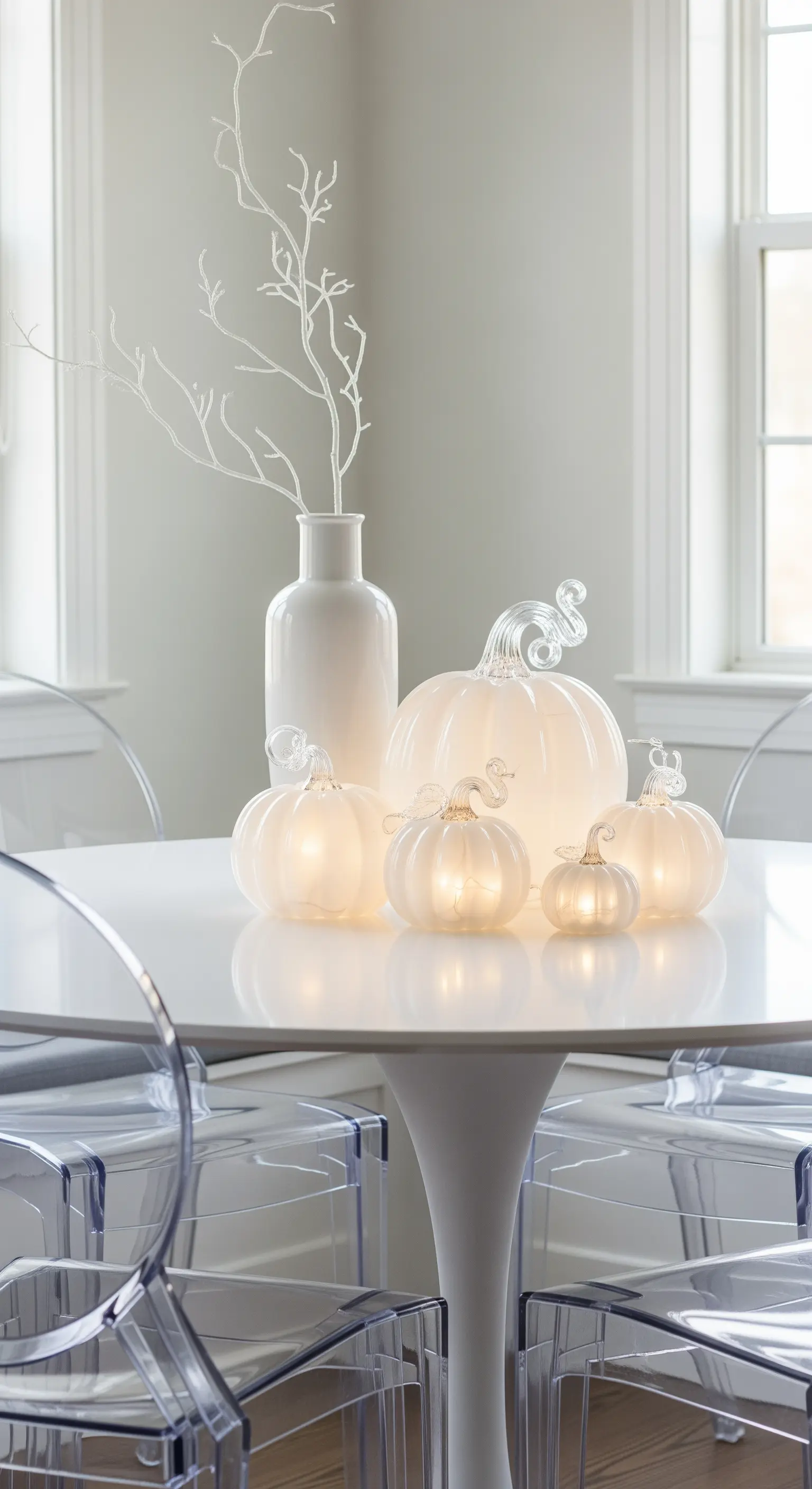 Runder Tisch mit leuchtenden Glaskürbissen, weißen Zweigen und transparenten Stühlen
