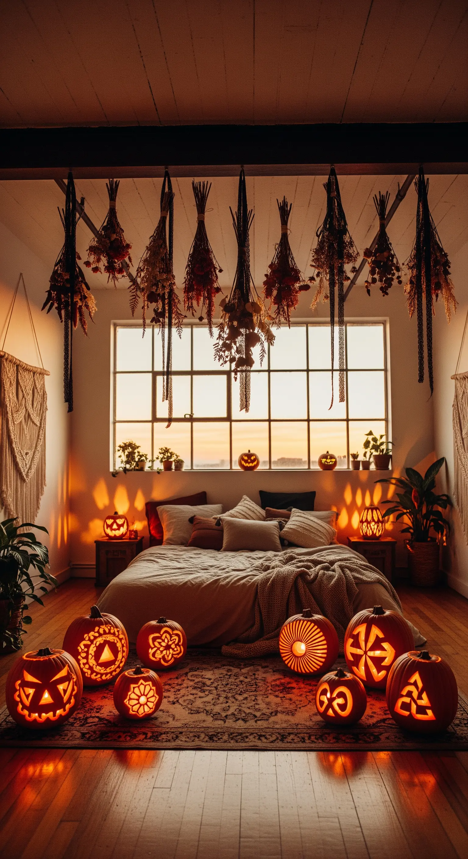 Schlafzimmer mit leuchtenden Kürbissen, Trockenblumen von der Decke und warmem Licht
