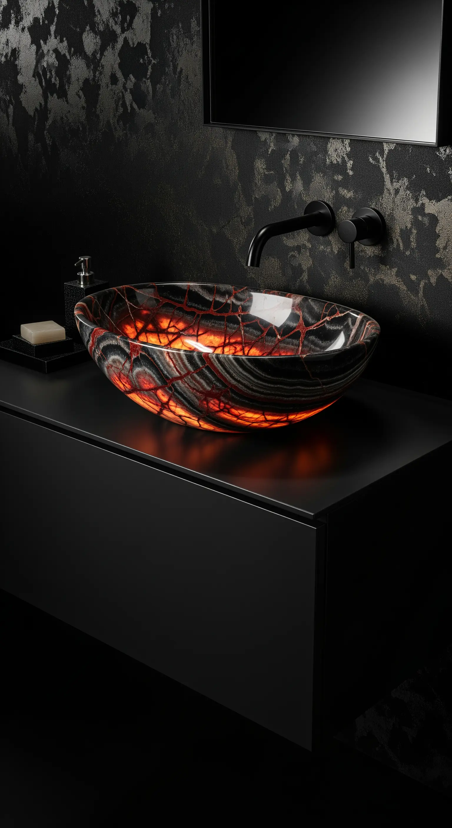 Schwarzes Bad, leuchtendes Waschbecken in Lava-Optik, schwarzer Waschtisch
