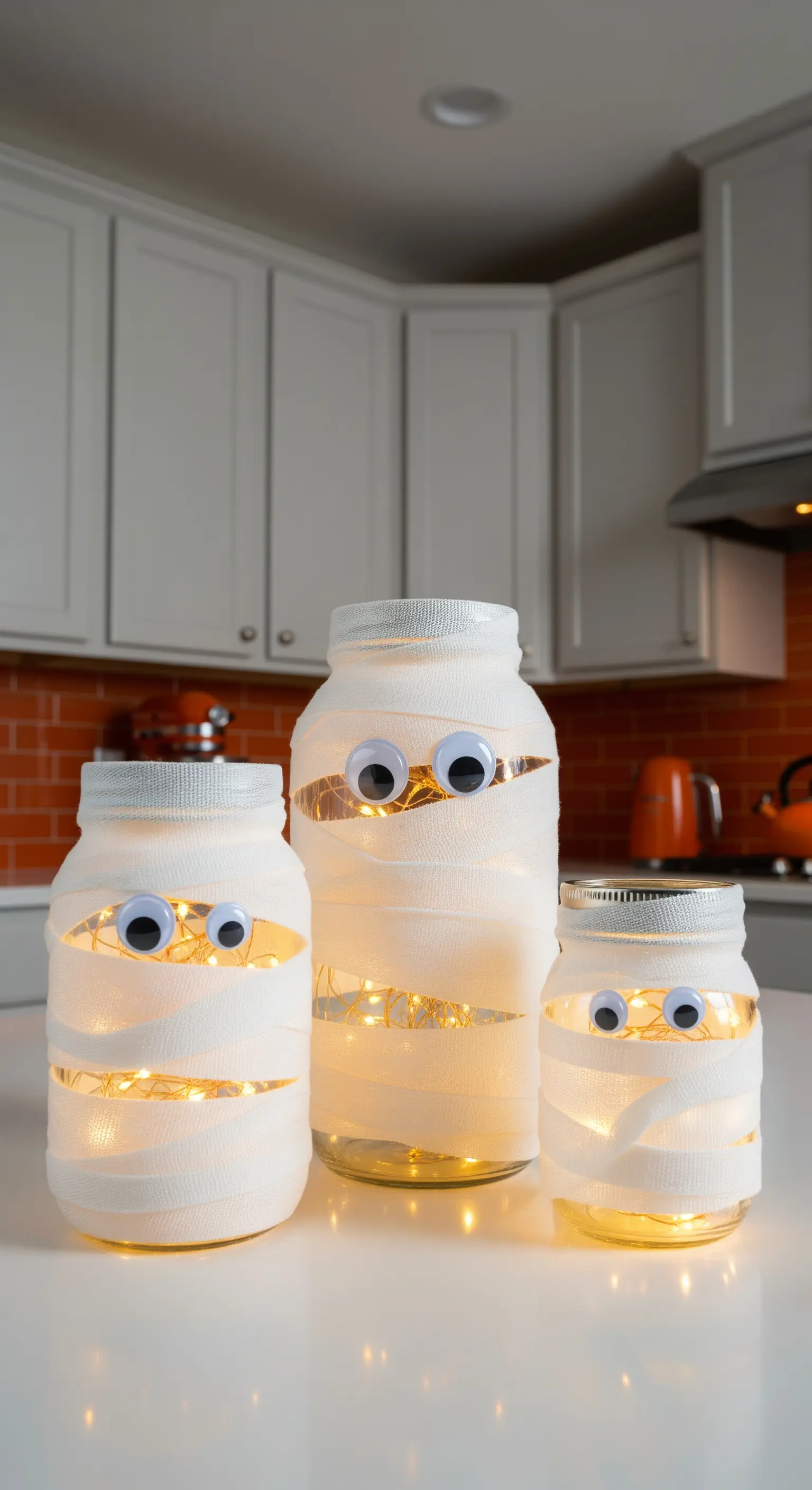 DIY Mumien-Lichter aus Einmachgläsern, Bandagen und Lichterketten.